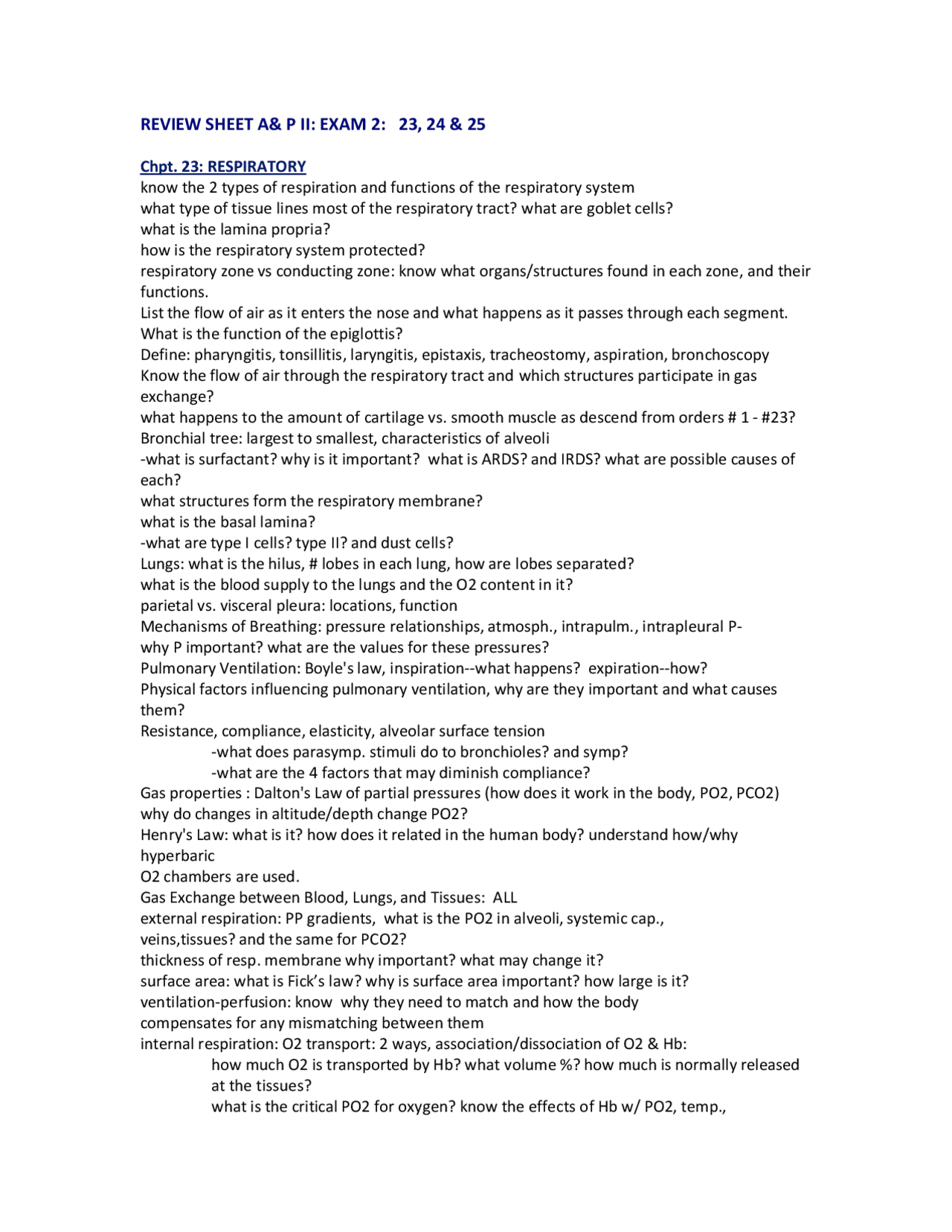 Review Sheet for Exam 2 - Anatomy and Physiology II | BIO 204 - Docsity