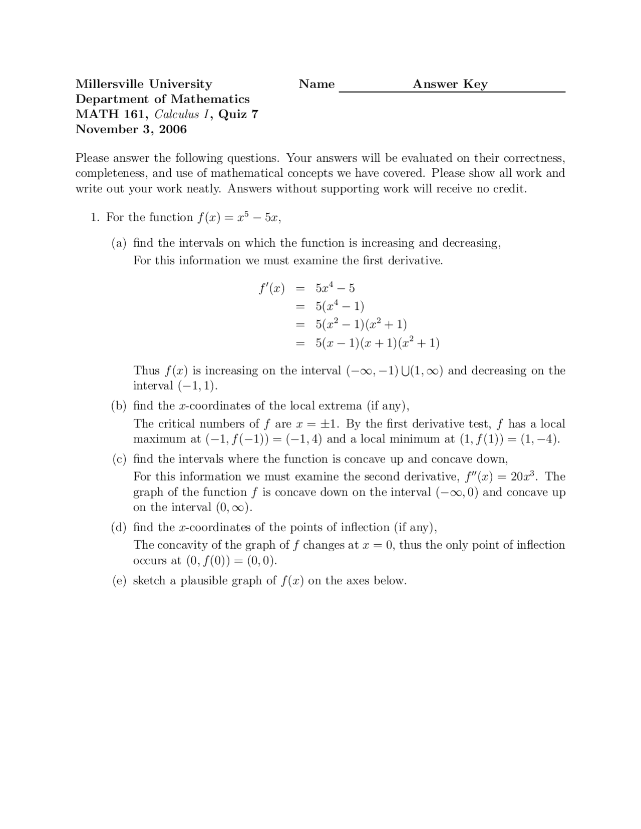 Random Calc 1 Question Calculus 1 - Quiz 7 with Answer Key | MATH 161 - Docsity