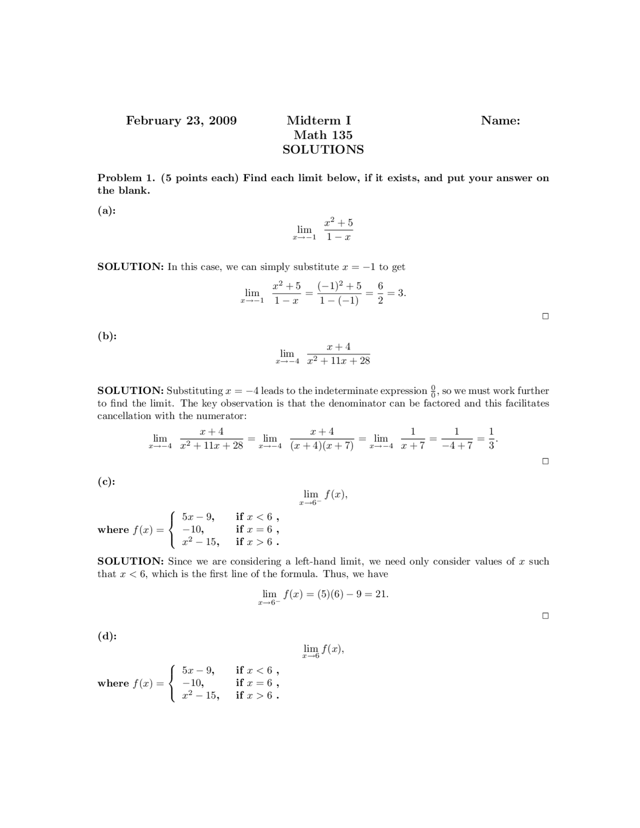 Sample Midterm with Solutions | Business Calculus | MATH 135 - Docsity
