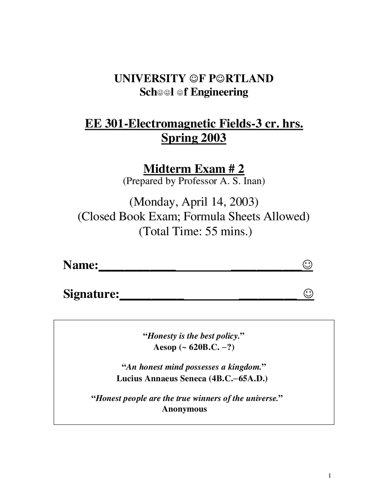 Practice Midterm Exam 2 for Electromagnetic Fields | EE 301 | Exams ...