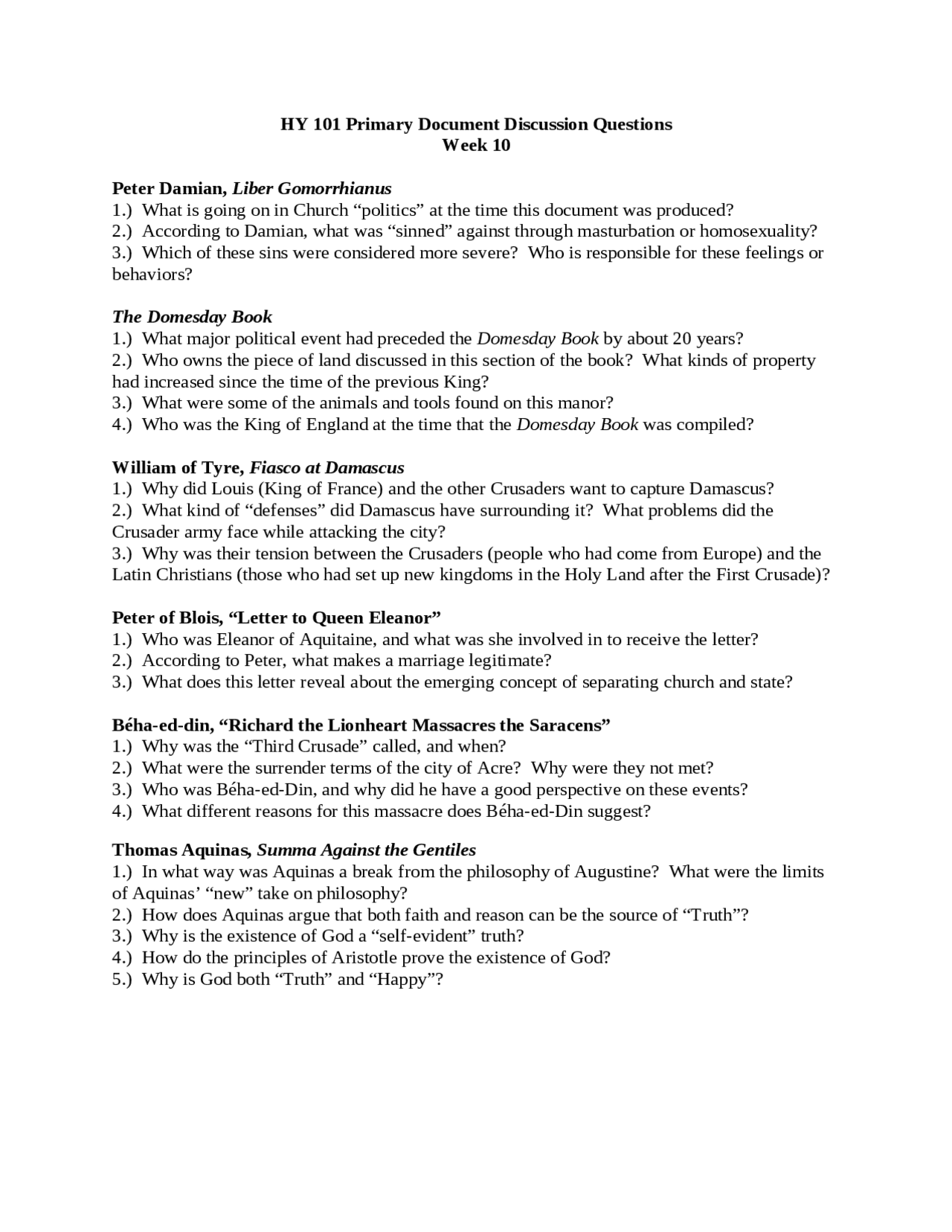 Practice Questions - History of Western Civilization I | HY 101 - Docsity