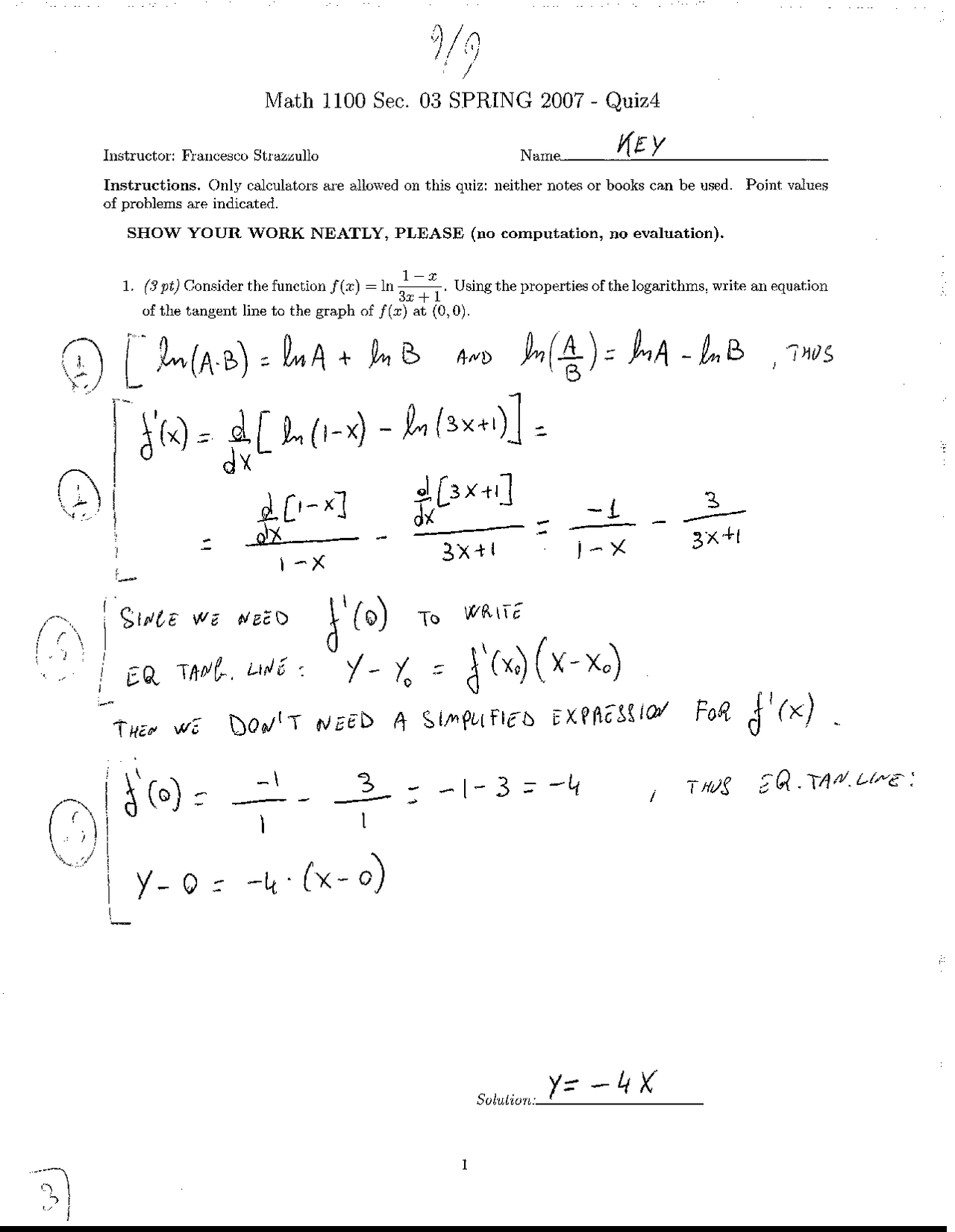 Practice Quiz #4 with Answer Key - Calculus Techniques | MATH 1100 ...