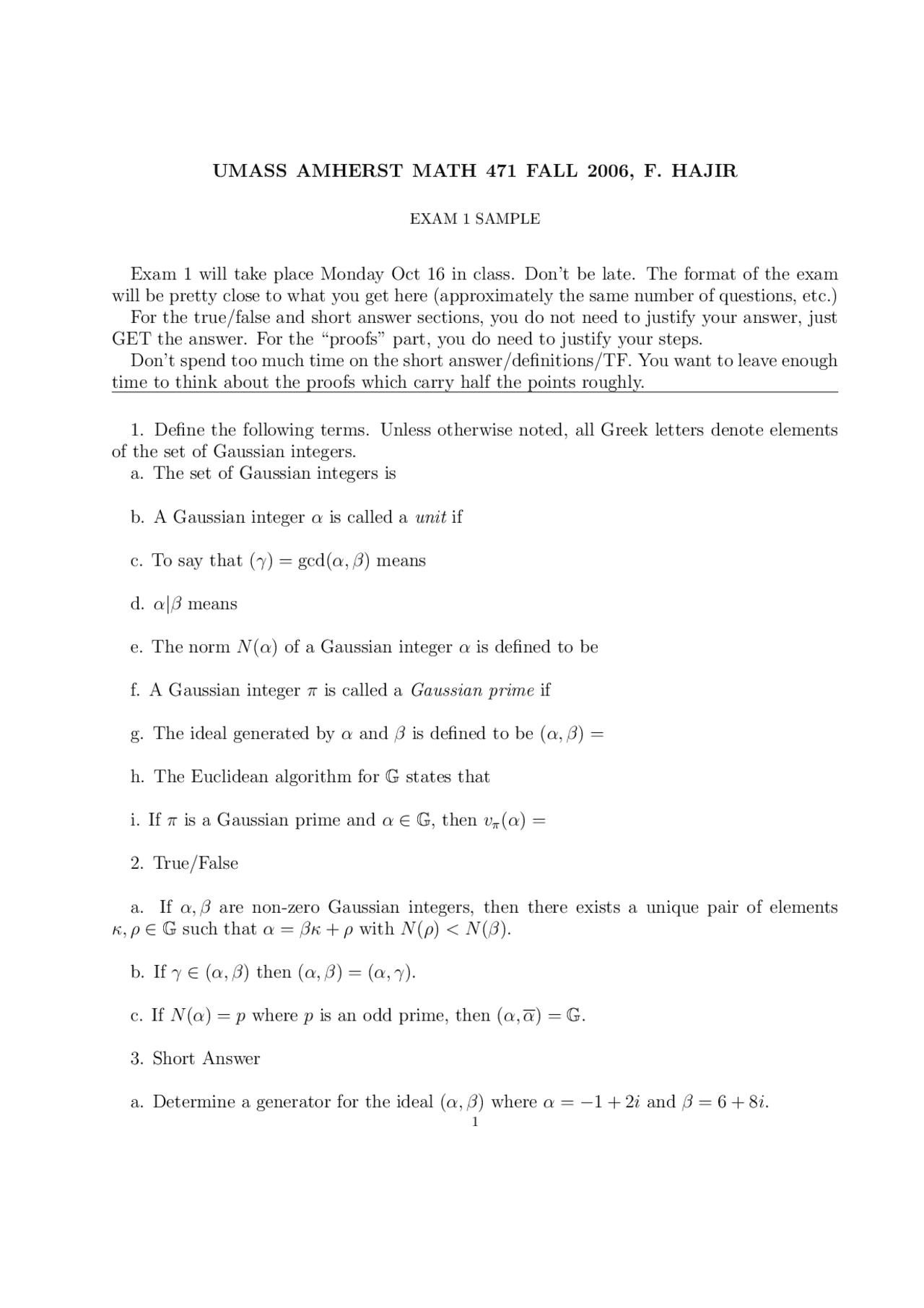 Exam 1 Sample Questions - Theory Of Numbers | MATH 471 - Docsity