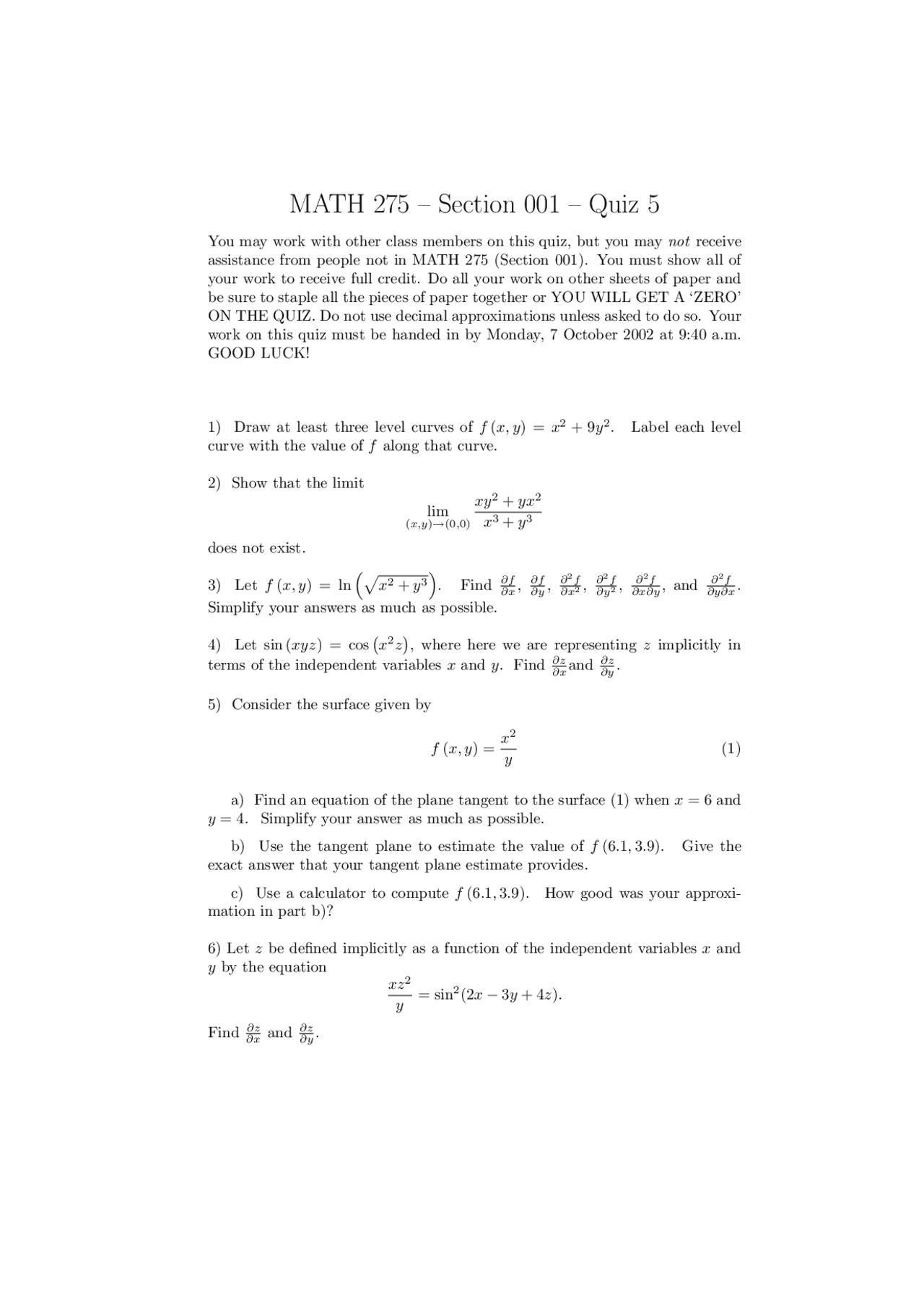 Practice Quiz 5 Multivariable And Vector Calculus Math 275 Docsity