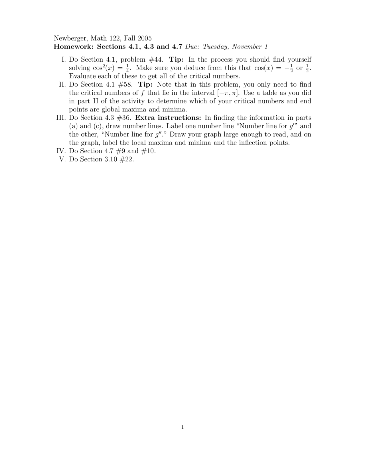 Assignment 4 | Calculus I - Fall 2005 | MATH 122 - Docsity