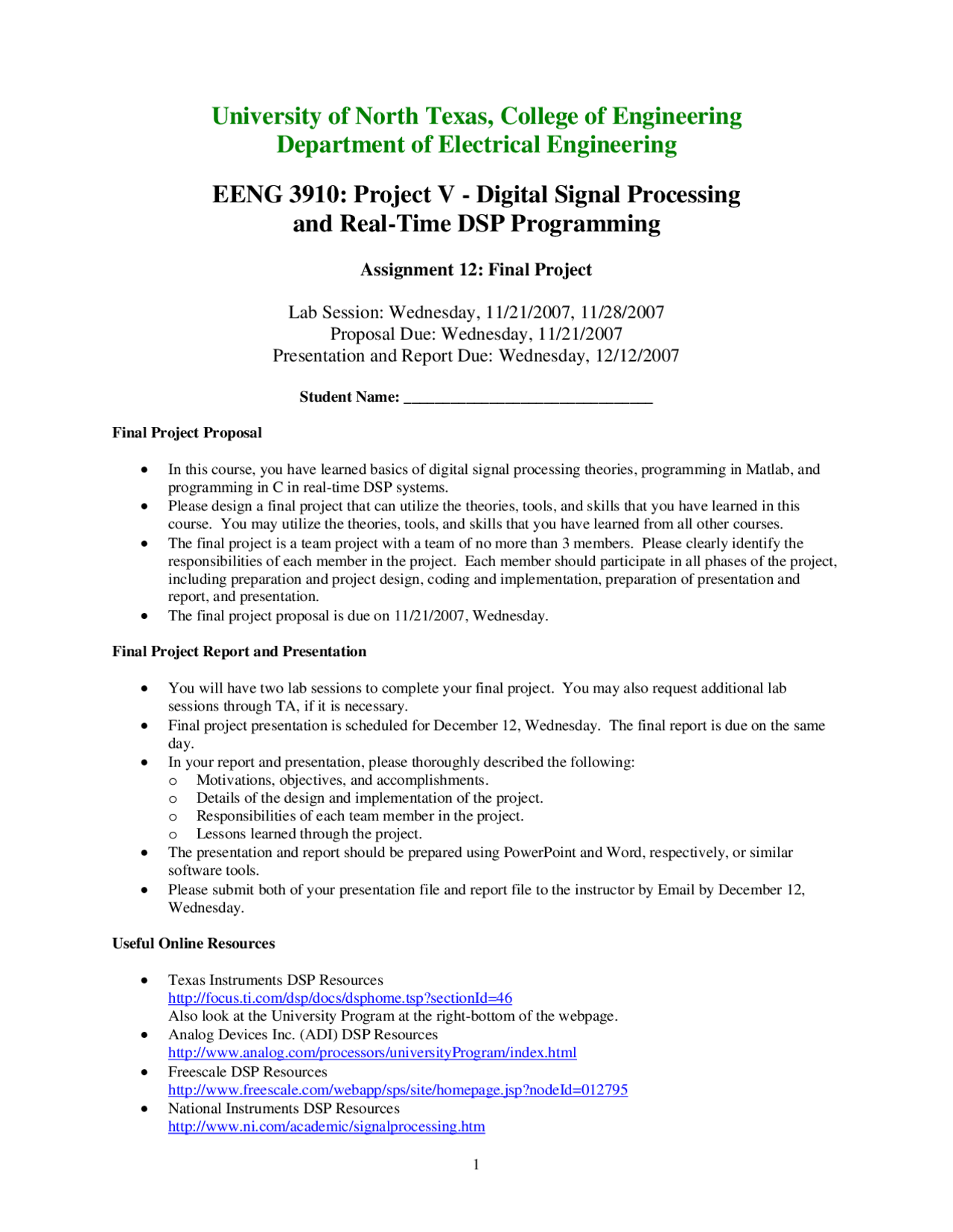 Digital Signals Processing and Real Time DSP Programming | EENG 3910 ...