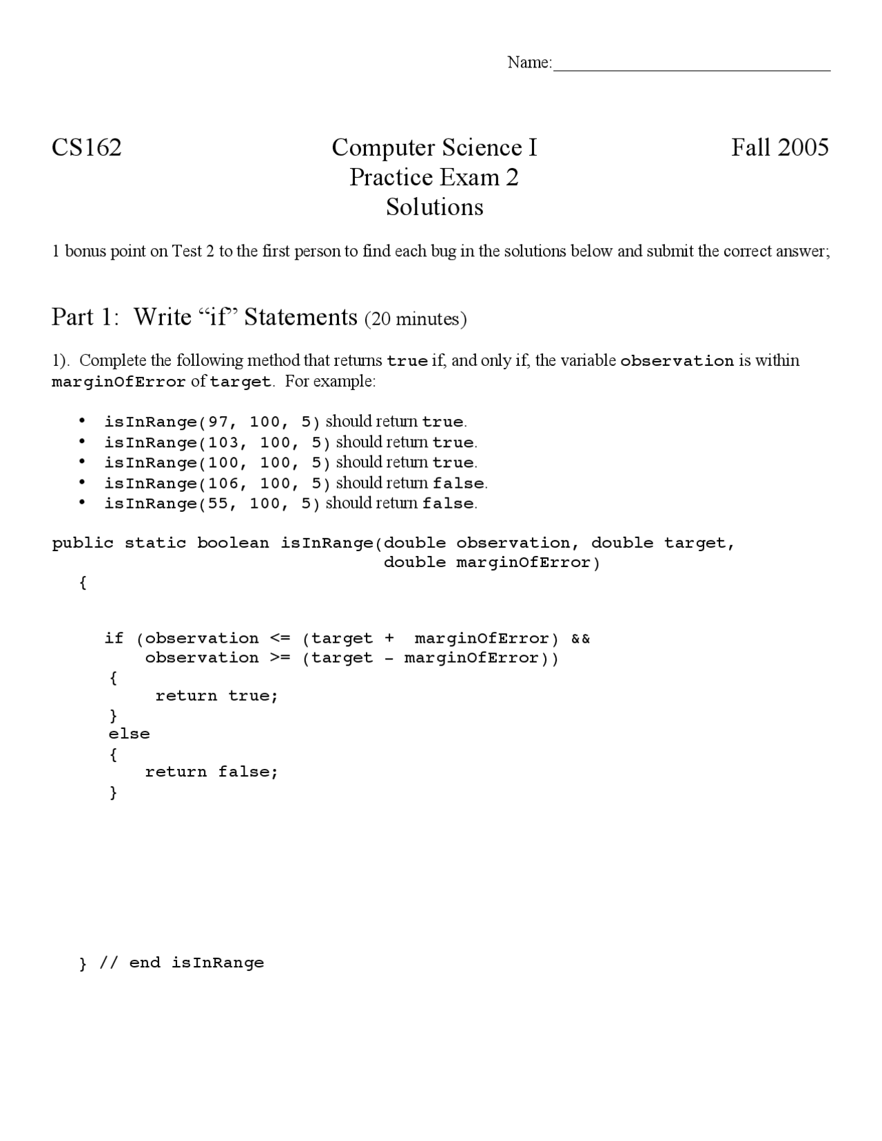 Practice Exam 2 with Solutions - Computer Science I | CS 162 - Docsity