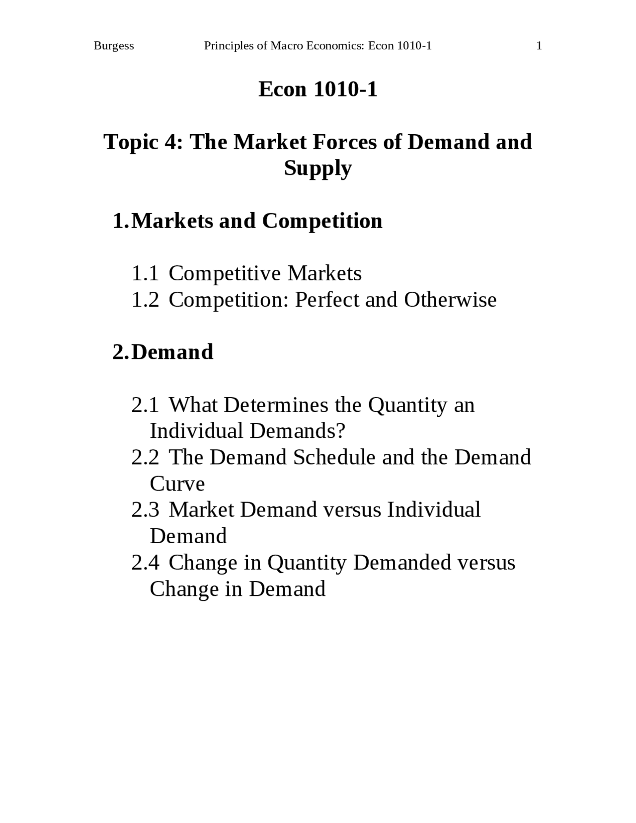 Class Notes on The Marketing Forces of Demand and Supply | ECON 1010 ...