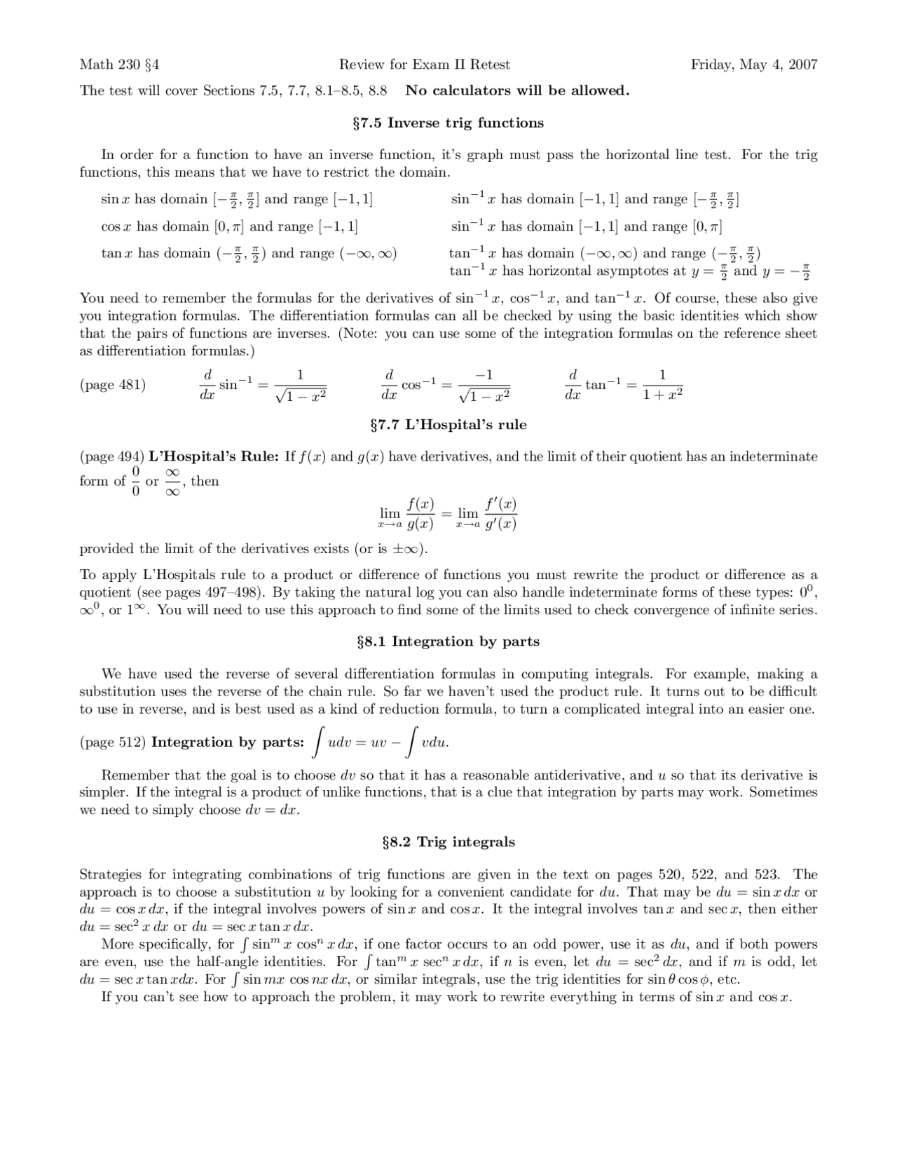 Review for Exam 2 Retest - Calculus II | MATH 230 - Docsity