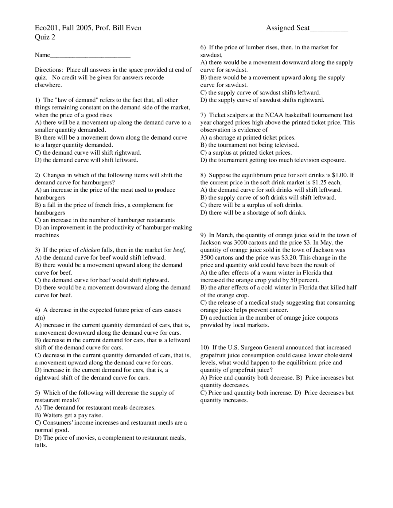 Principles of Microeconomics - Quiz 2 with Solutions | ECO 201 - Docsity