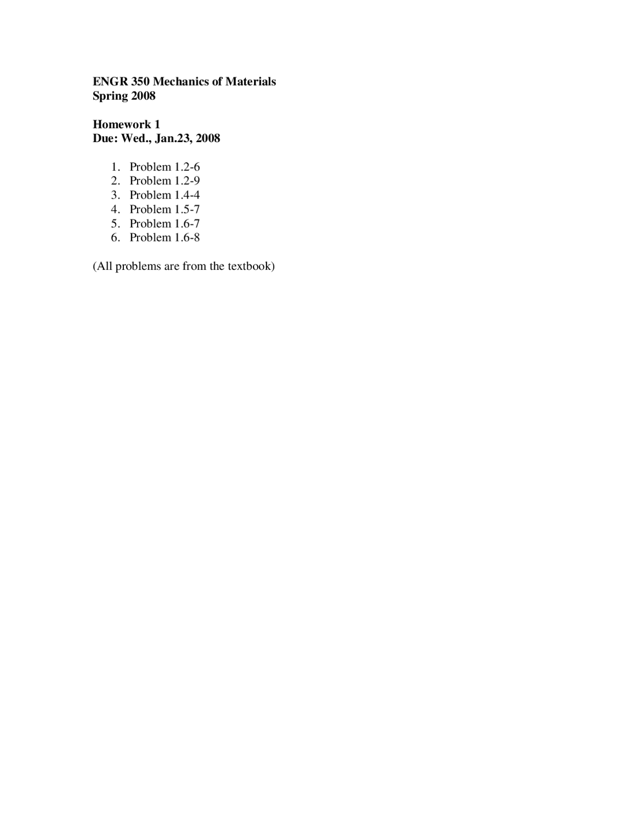 Assignment 1 for Engineering Mechanics of Materials | ENGR 350 - Docsity