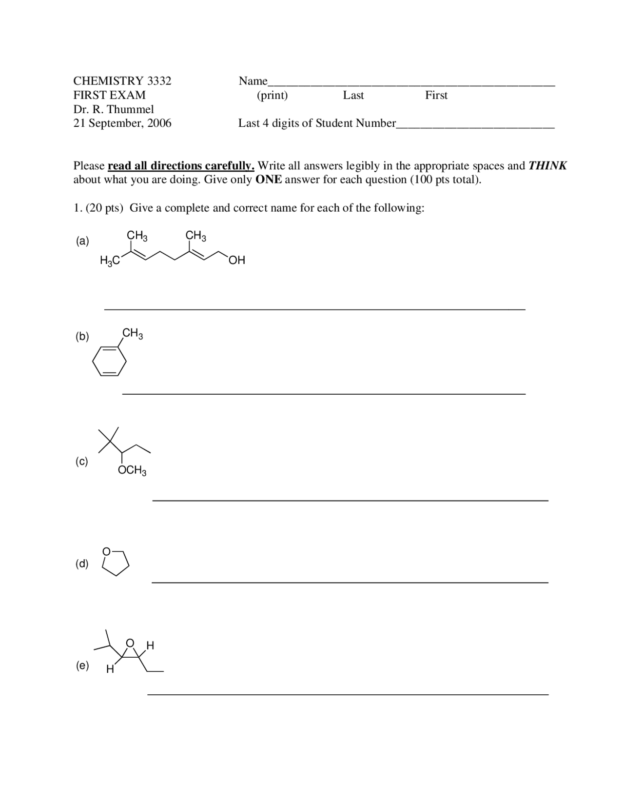 Exam 1 Questions - Fundamental of Organic Chemistry II | CHEM 3332 ...