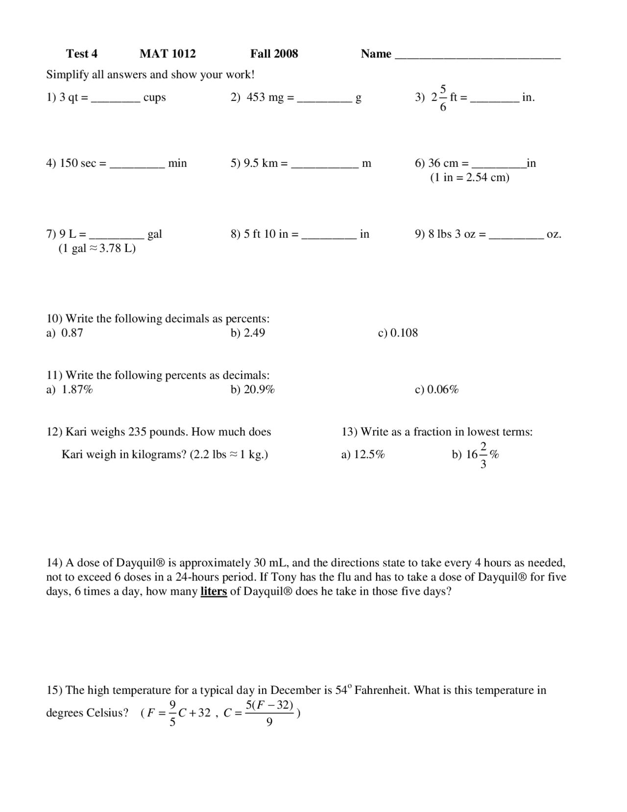 Exam 4 for Foundations of Mathematics | MAT 1012 - Docsity