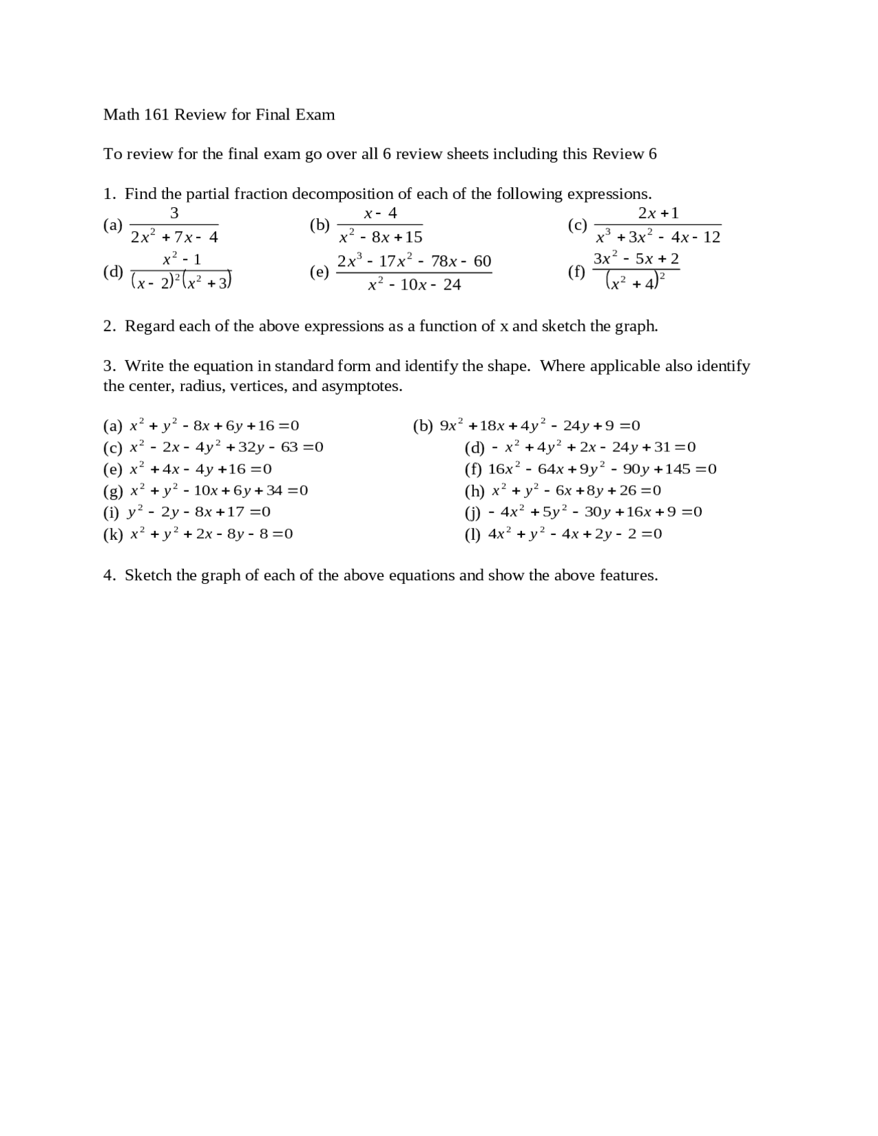 Review For Final Exam Precalculus I Math 161 Docsity