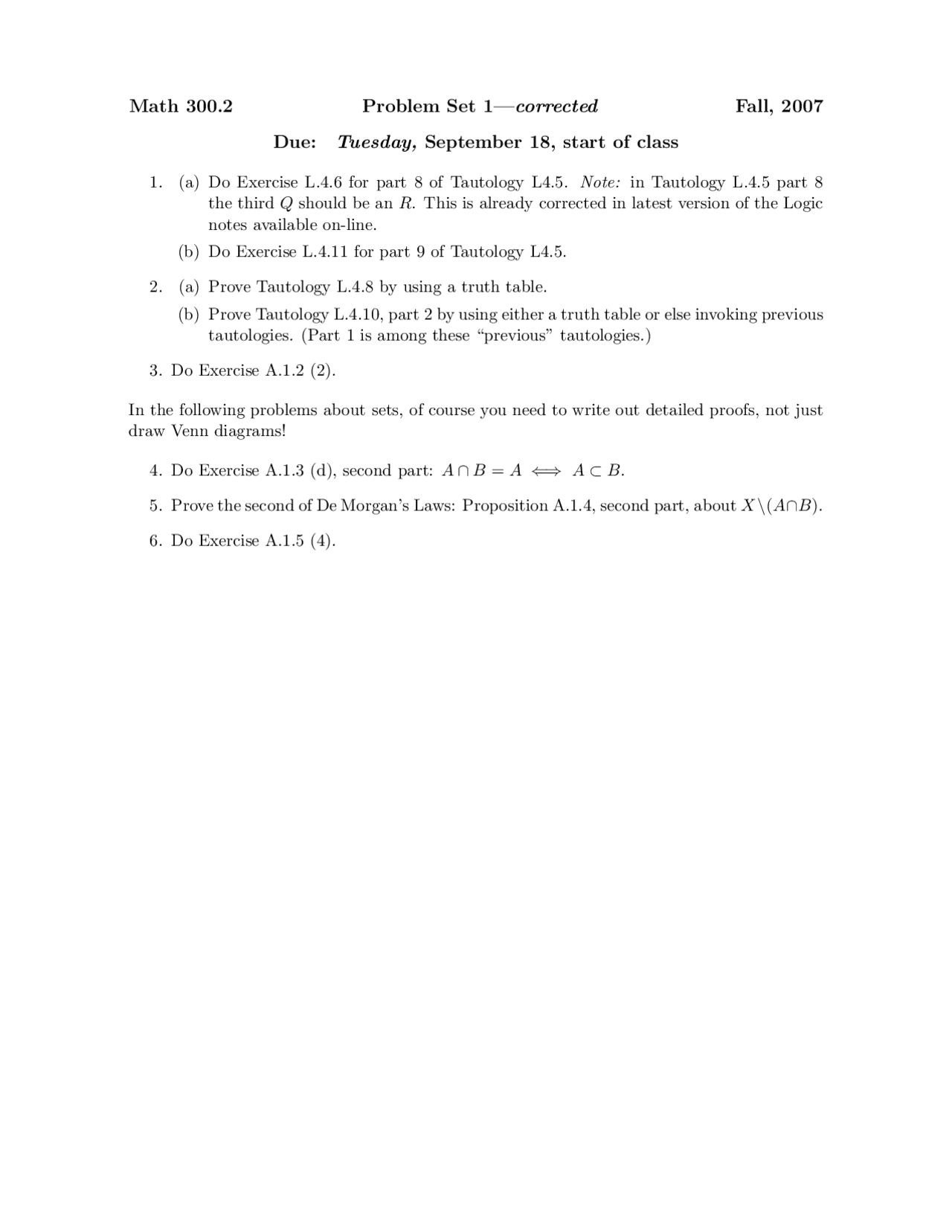 Problem Set I - Fundamentals Concepts of Mathematics | MATH 300 - Docsity
