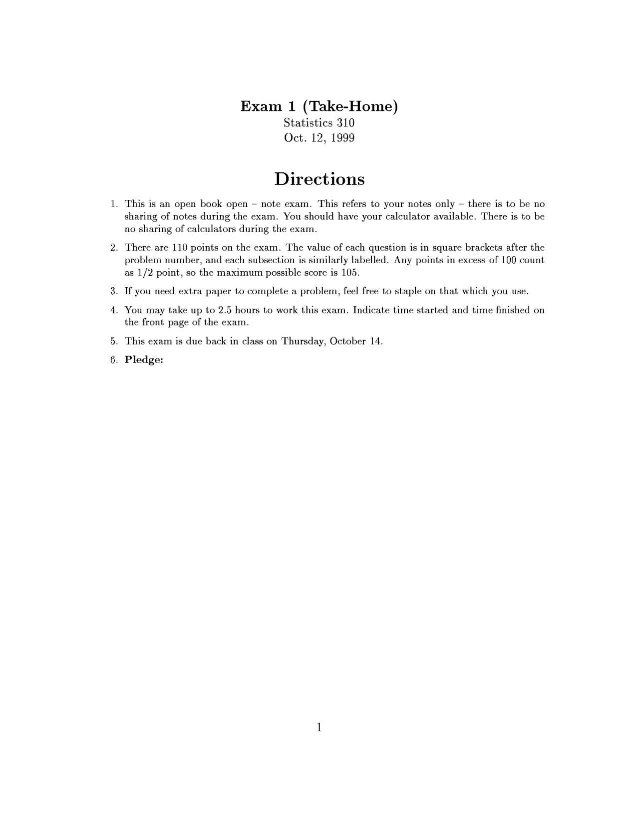 Take Home Exam 1 Probability And Statistics Stat 310 Docsity