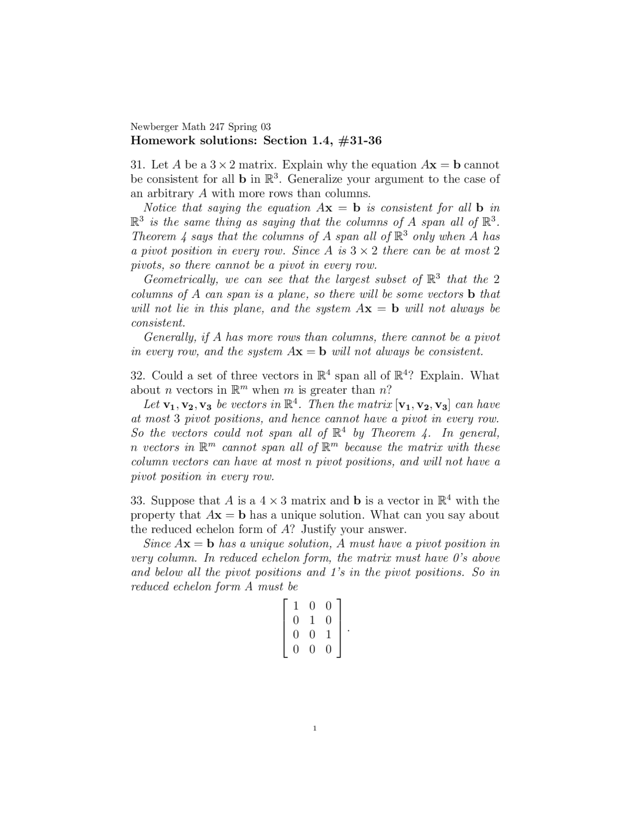 Solutions for Homework - Introduction Linear Algebra | MATH 247 - Docsity