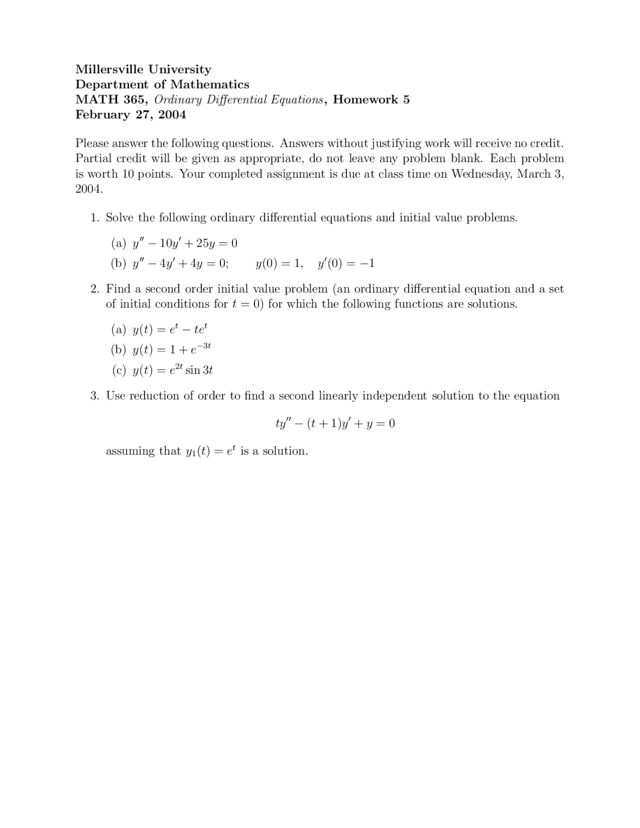 Homework 5 with Solutions for Ordinary Differential Equation | MATH 365 ...