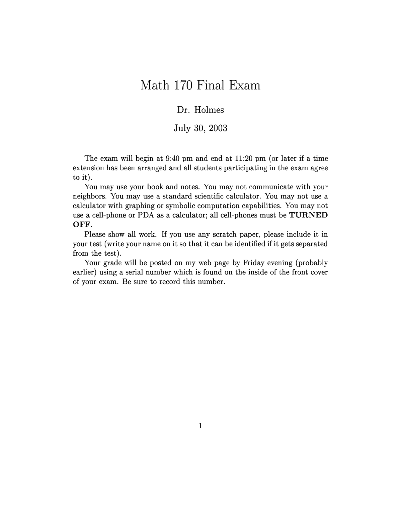 Practice Final Exam - Calculus I | MATH 170 - Docsity