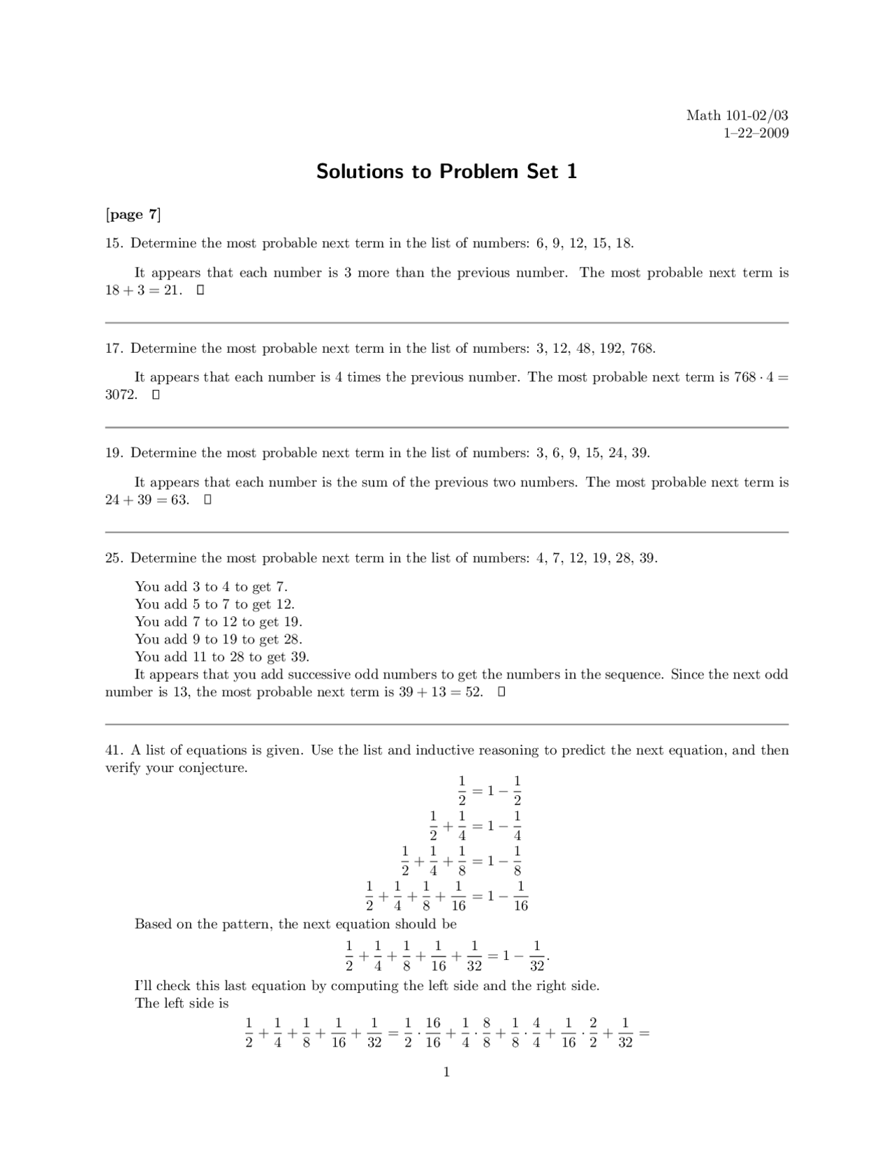 Math Homework Solutions For Math 101 Solutions to Problem Set 1 - College Algebra | MATH 101 - Docsity