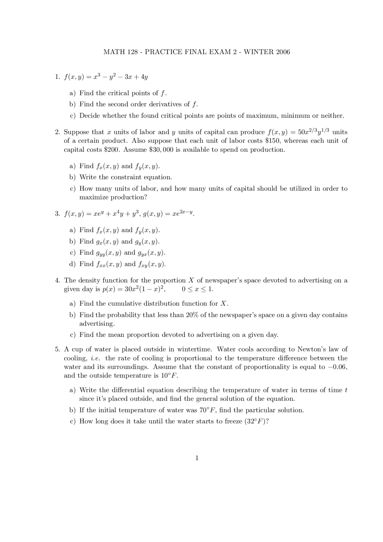 5 Problems On Calculus For Life Social Sciences Ii Final Examination Math 128 Docsity