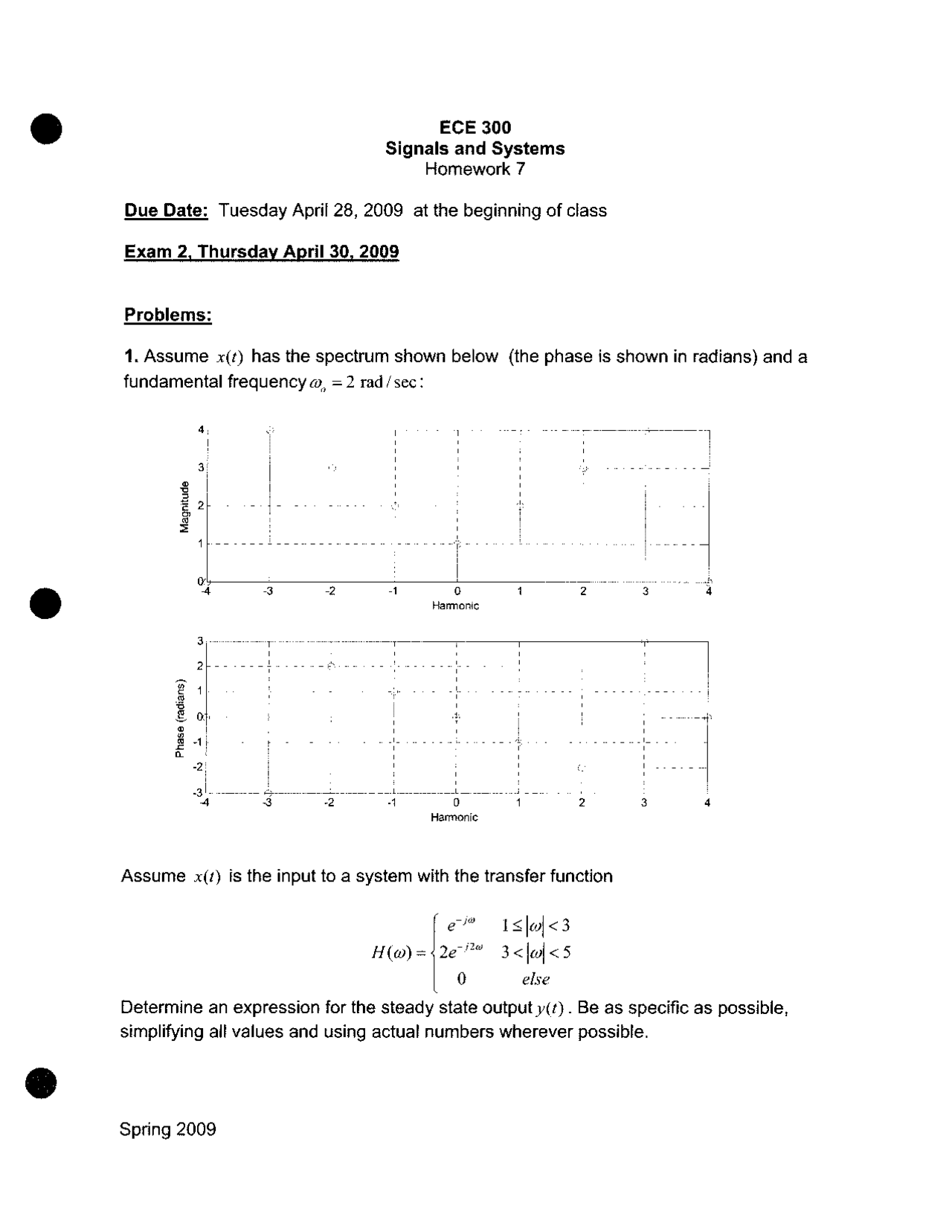Homework 7 Practice Problems on Signals and Systems | ECE 300 - Docsity