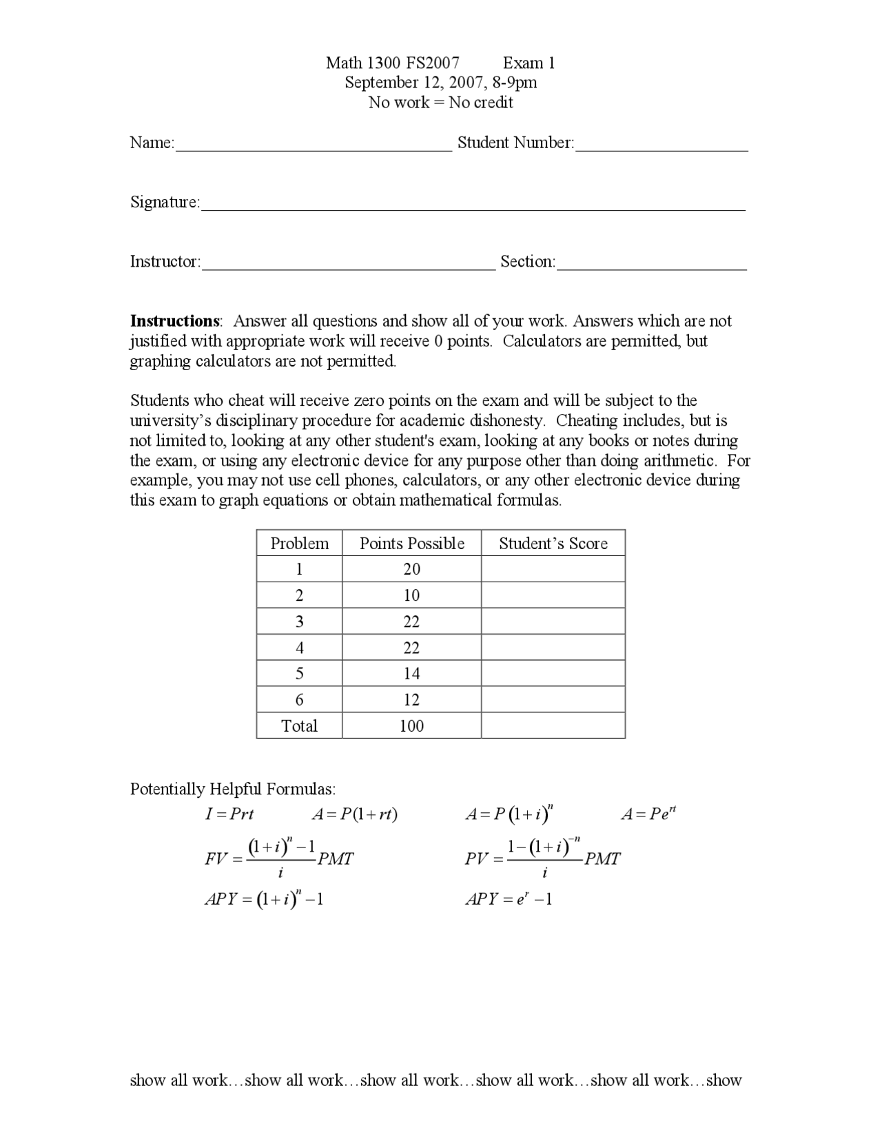 Finite Math Test Question Example Solved Exam 1 for Finite Mathematics | MATH 1300 - Docsity