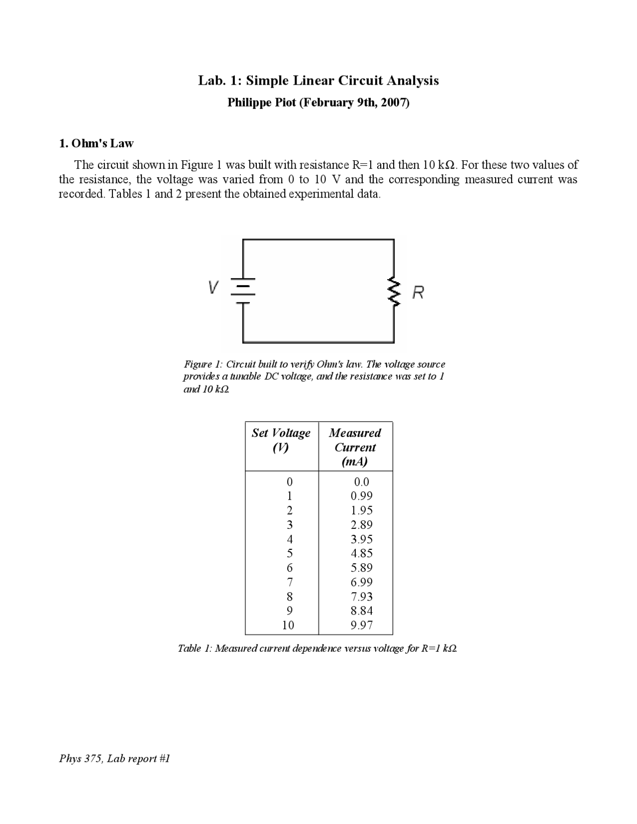 Laboratory 1 Simple Linear Circuit Analysis PHYS 375 Docsity