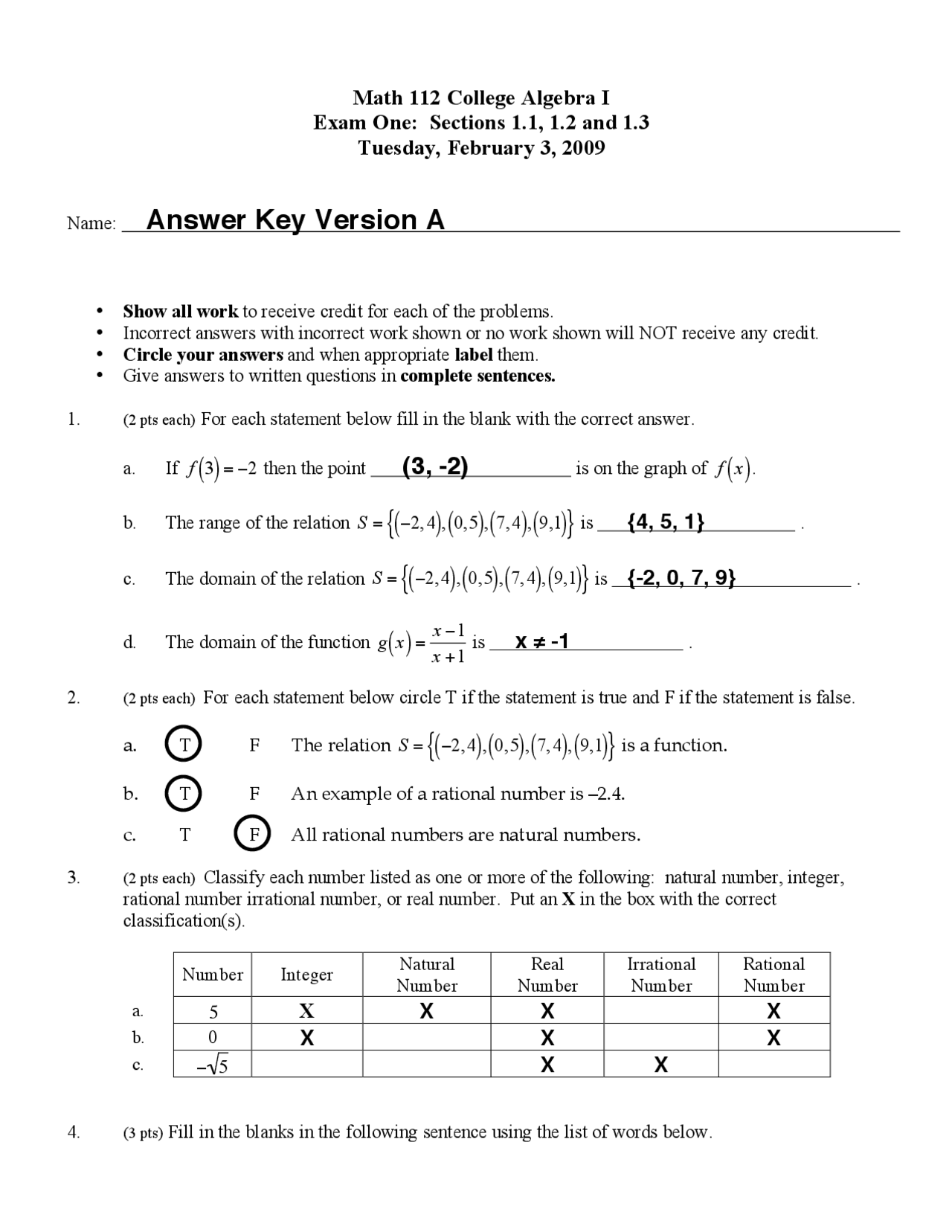 College Test Math Answer Key Exam 1 Form A with Answer Key - College Algebra I | MATH 112 - Docsity