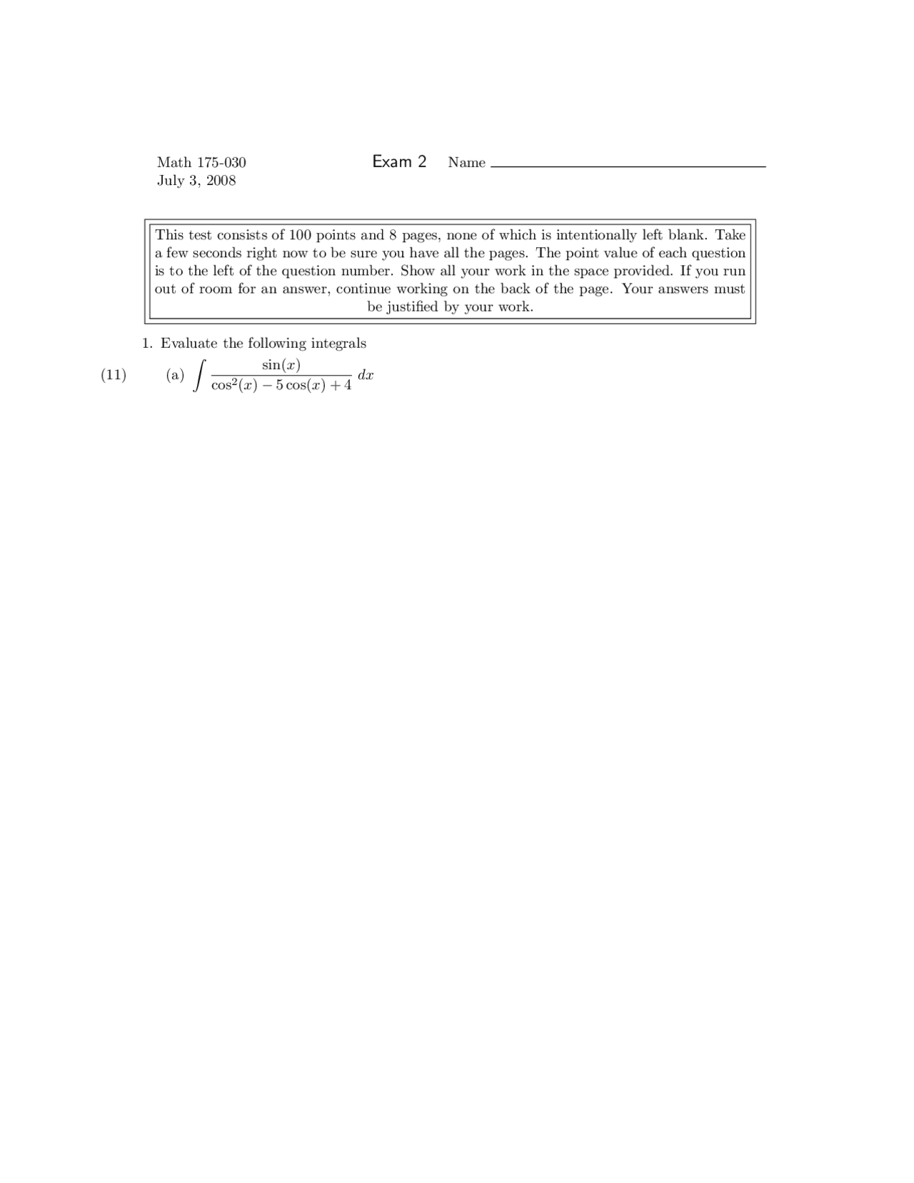Sample Questions for Exam 2 - Calculus II | MATH 175 - Docsity