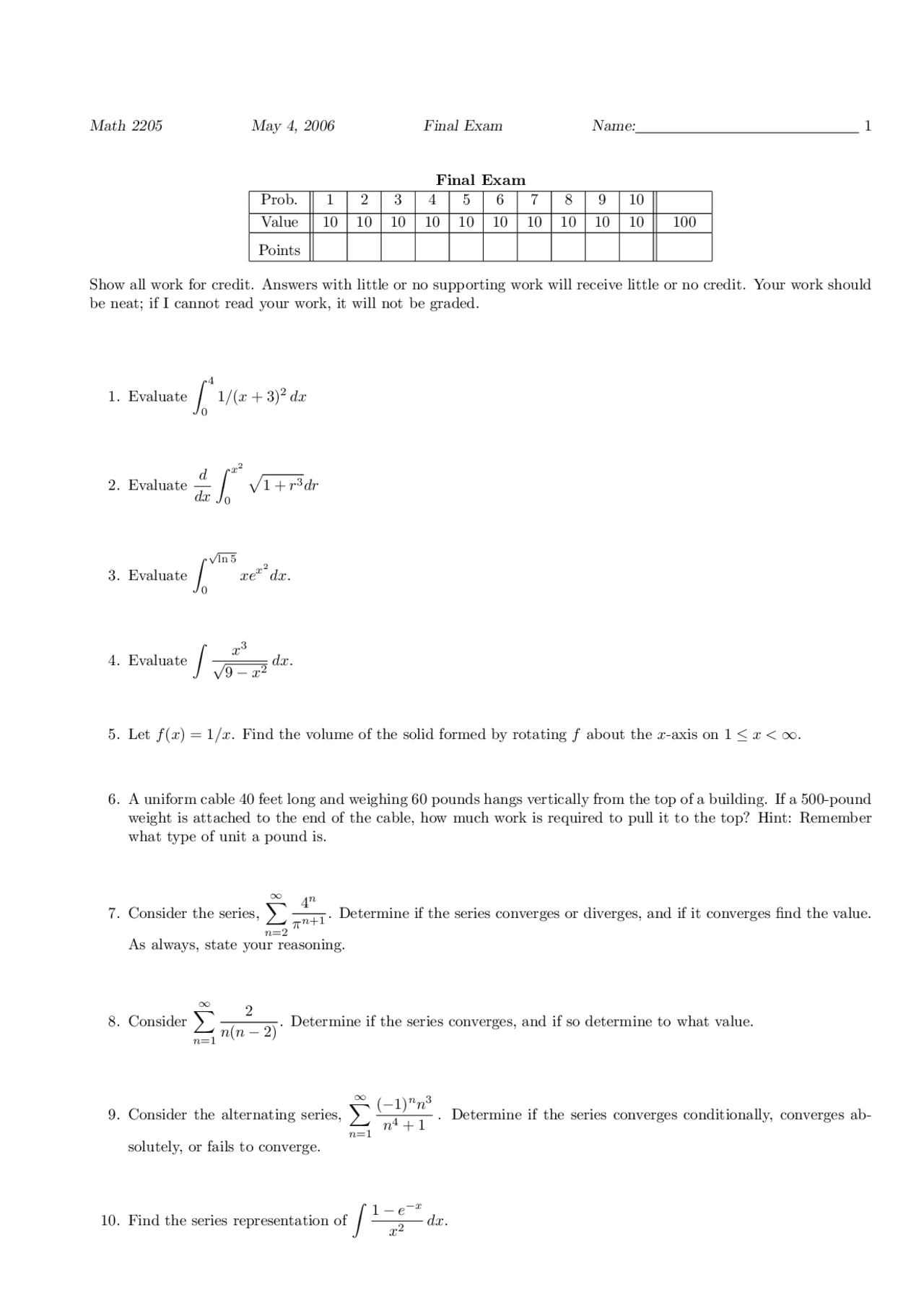 Final Exam with 10 Questions - Calculus II | MATH 2205 - Docsity