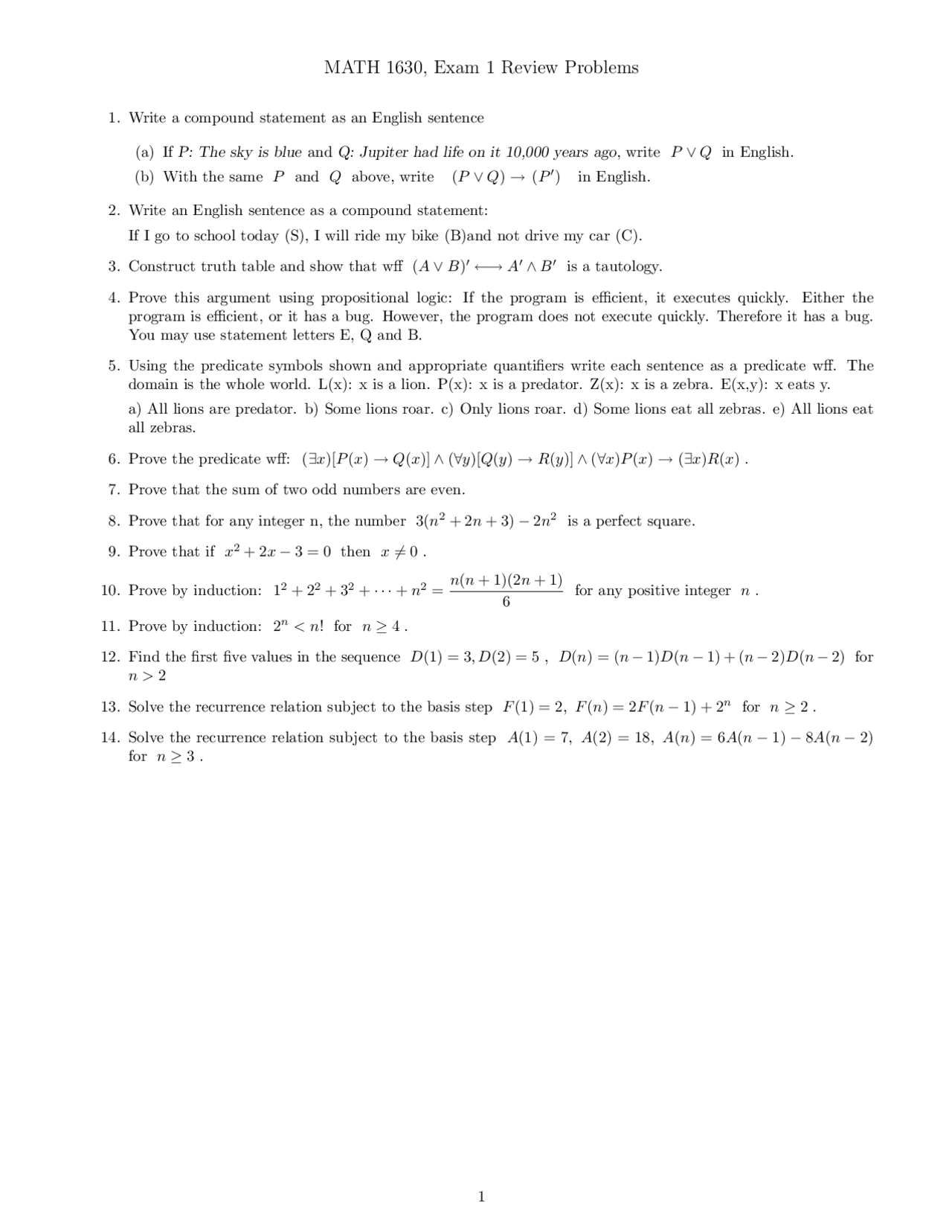 Exam 1 Review Problems - Discrete Mathematics | MATH 1630 - Docsity