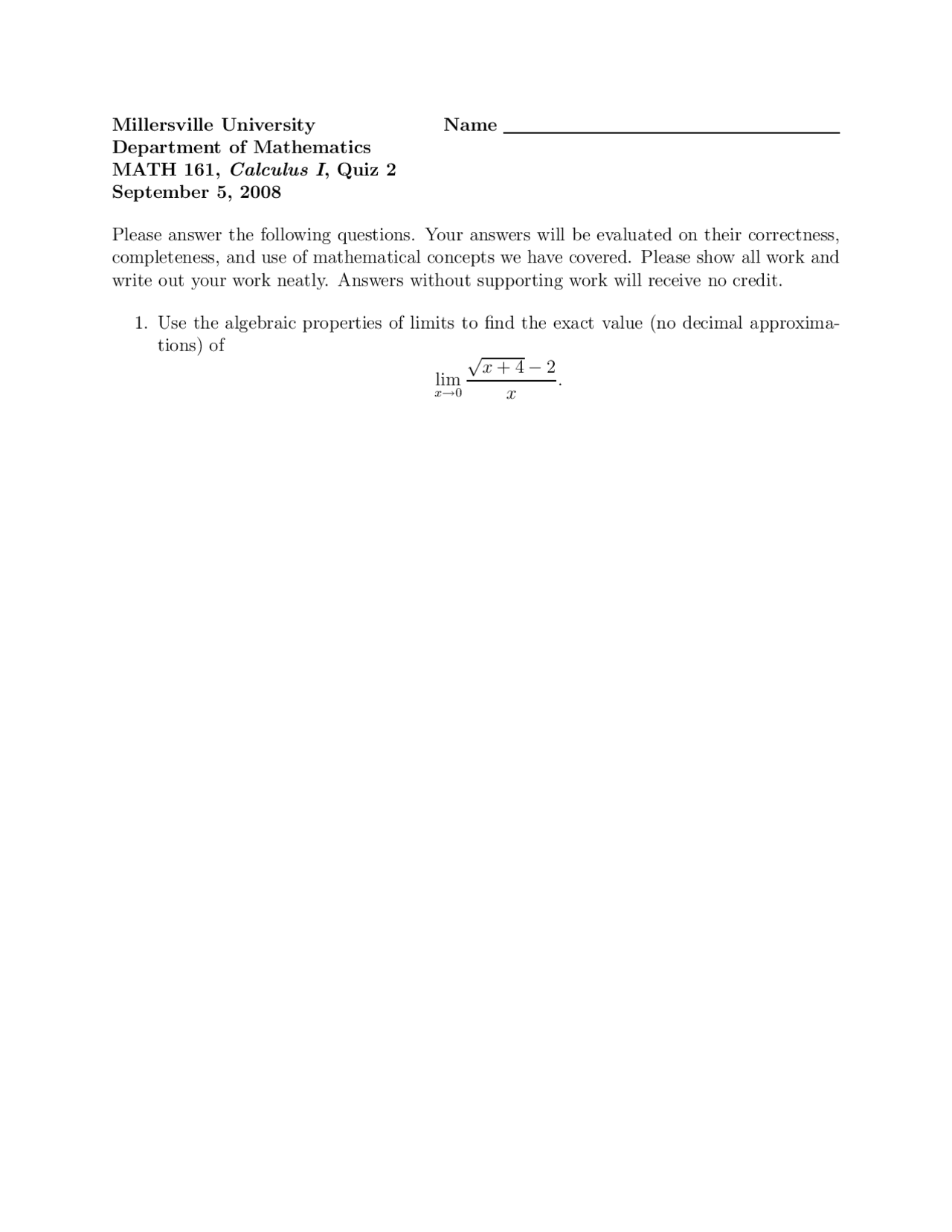 Calculus 1 - Sample Quiz 2 Problems | MATH 161 - Docsity