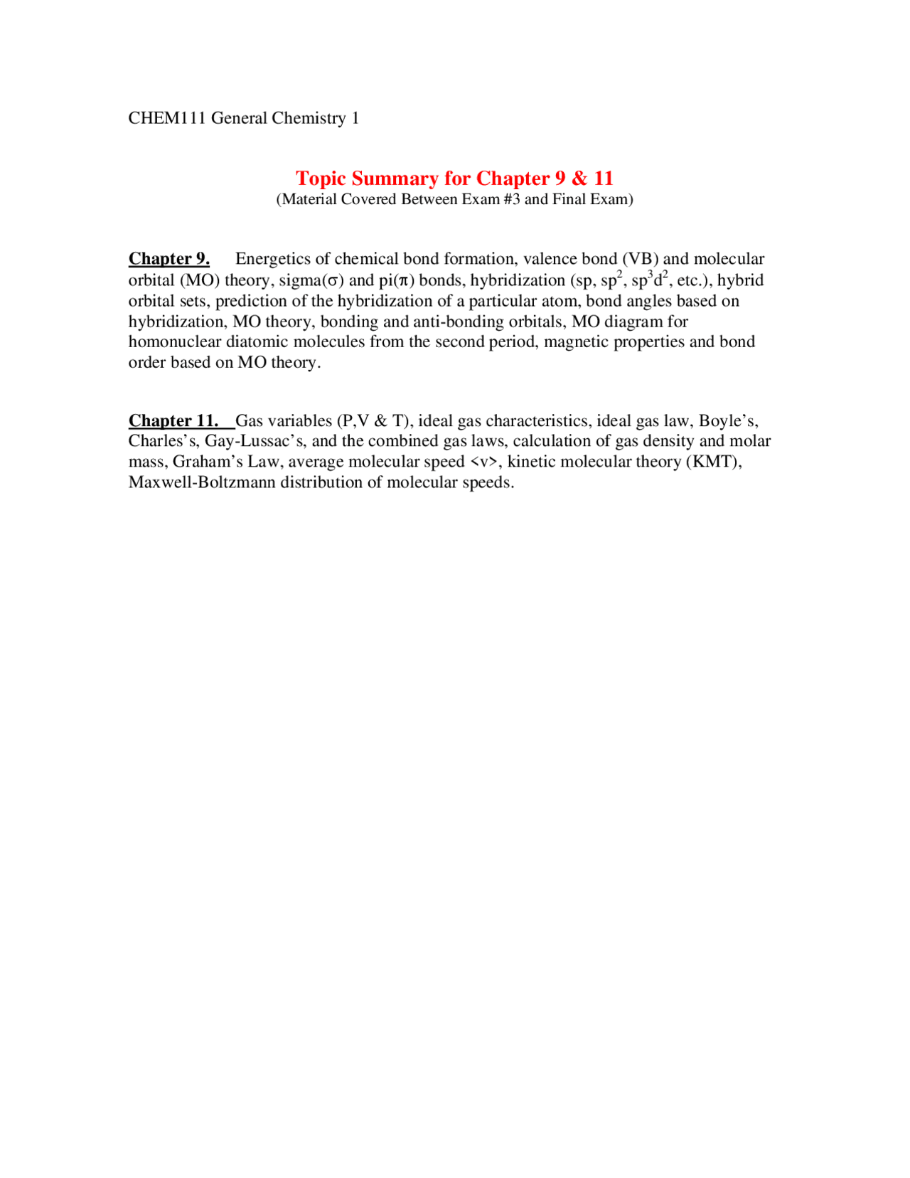 Review Sheet for Exam 3 - General Chemistry | CHEM 111 - Docsity