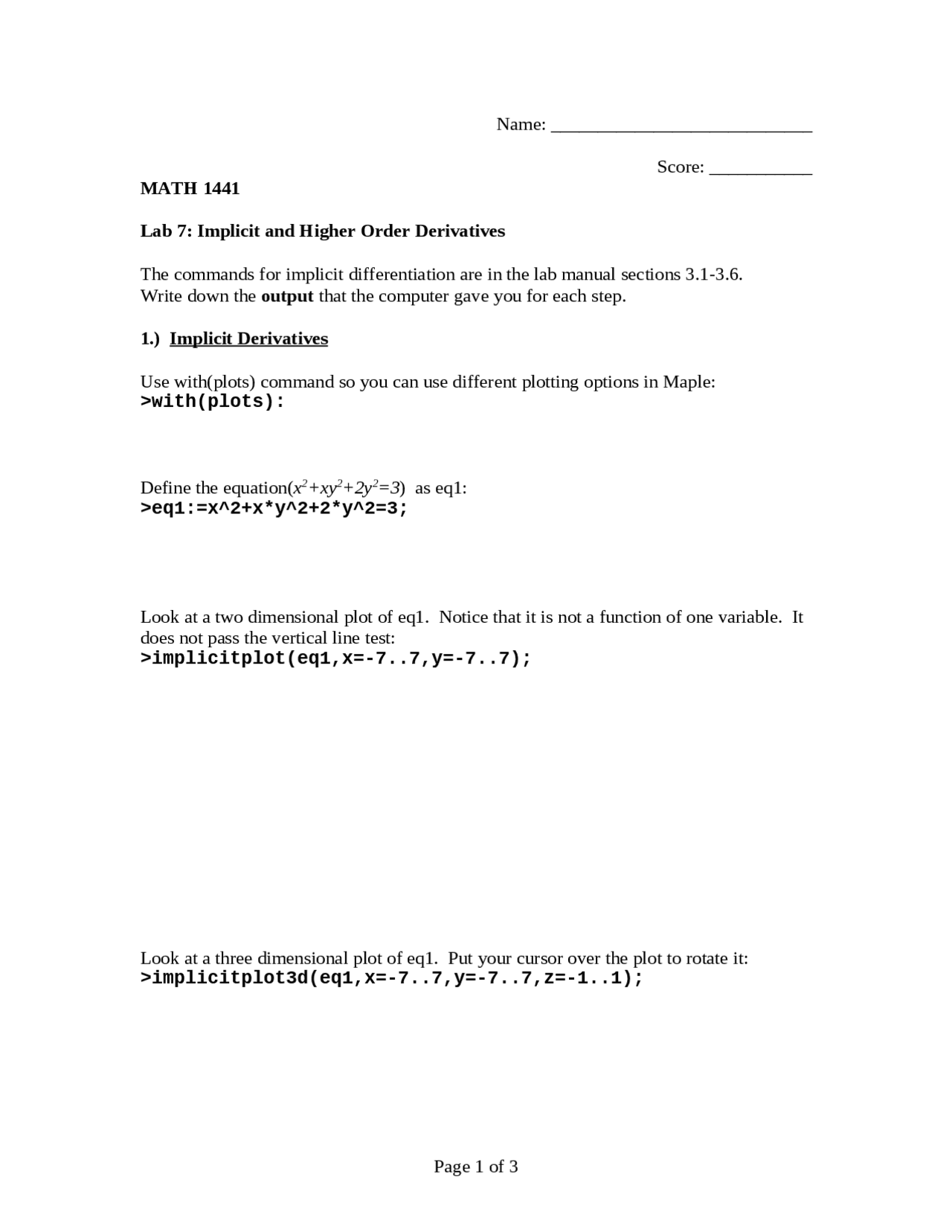 Implicit and Higher Order Derivatives Lab Notes for MATH 1441 | Lab ...