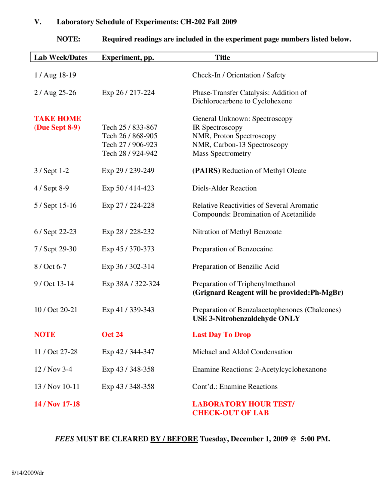Laboratory Schedule of Experiments - Fall 2009 | CH 202 - Docsity