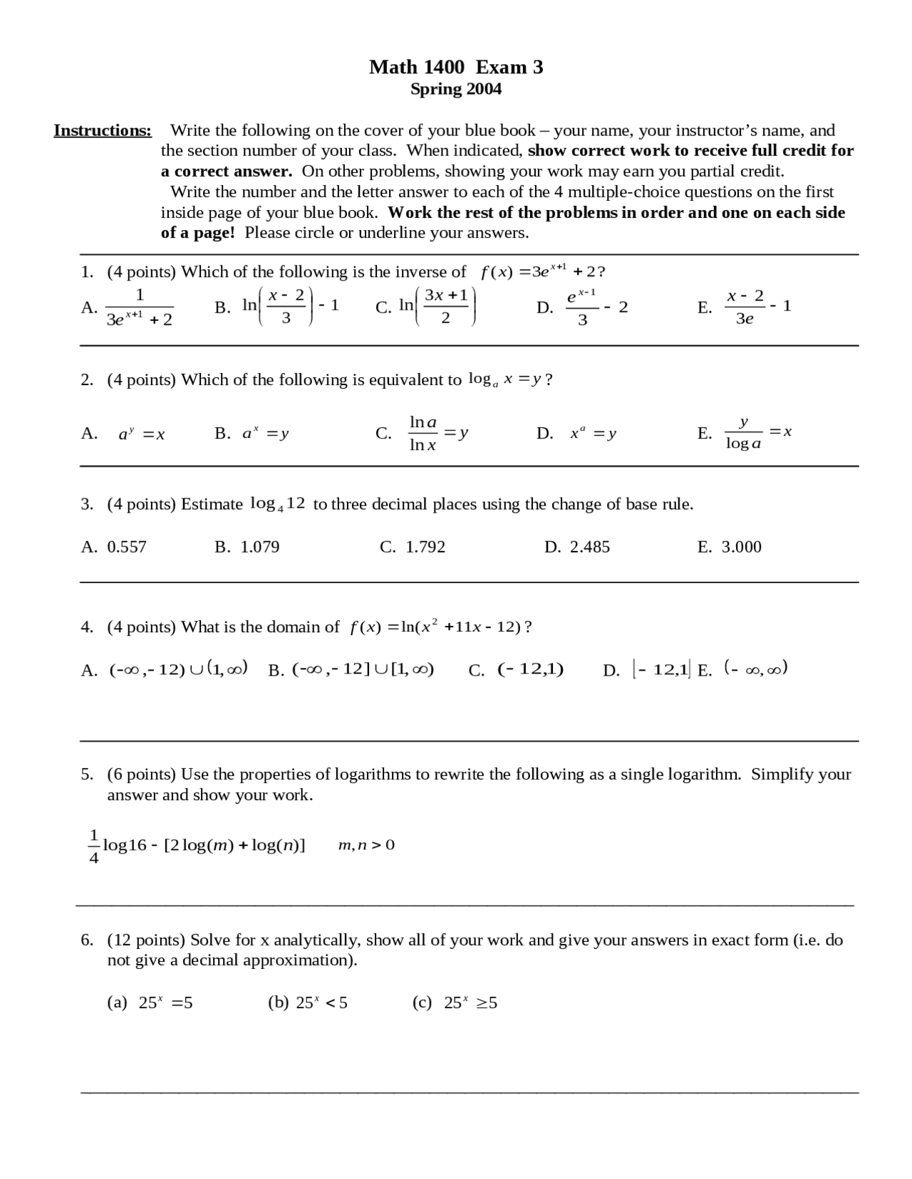 Exam 3 Practice Problems - College Algebra | MATH 1400 - Docsity
