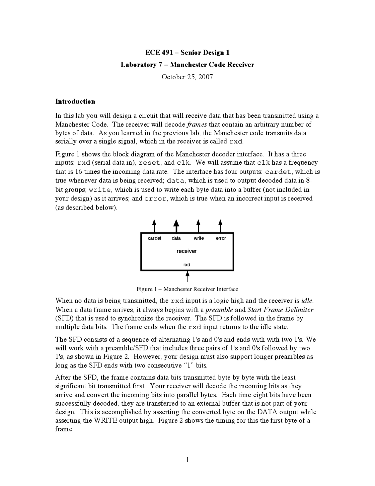 Laboratory 7 - Manchester Code Receiver | ECE 491 - Docsity