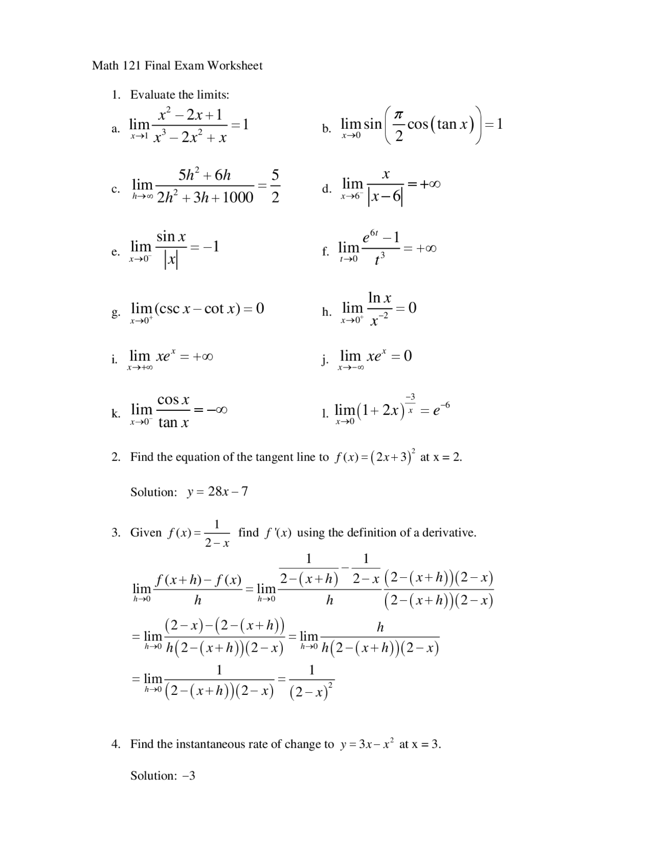 Final Exam Worksheet for Calculus I | MATH 121 - Docsity