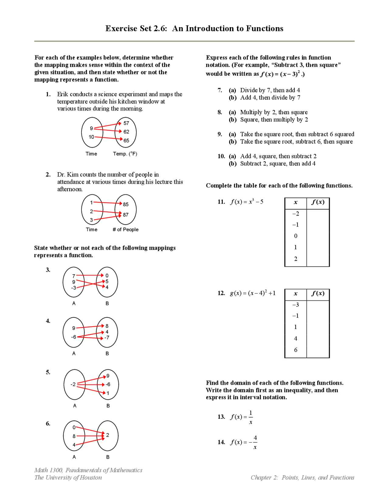 An Introduction of Functions - Exercise | MATH 1300 - Docsity