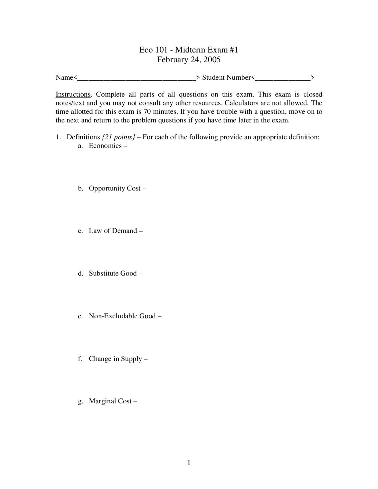 Midterm Exam 1 for Basic Economics | ECO 101 | Exams Microeconomics ...