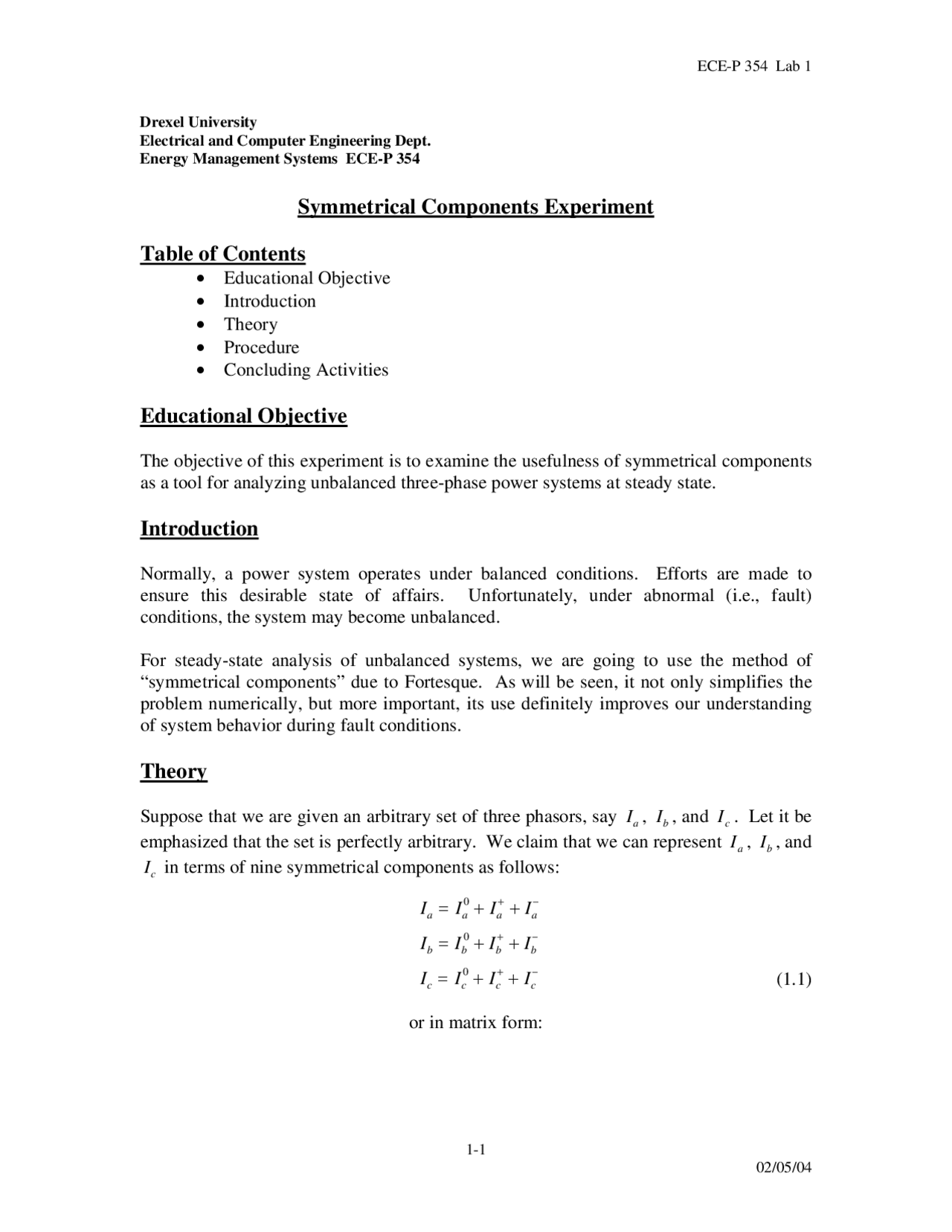 Symmetrical Components Experiment Lab 1 ECEP 354 Docsity