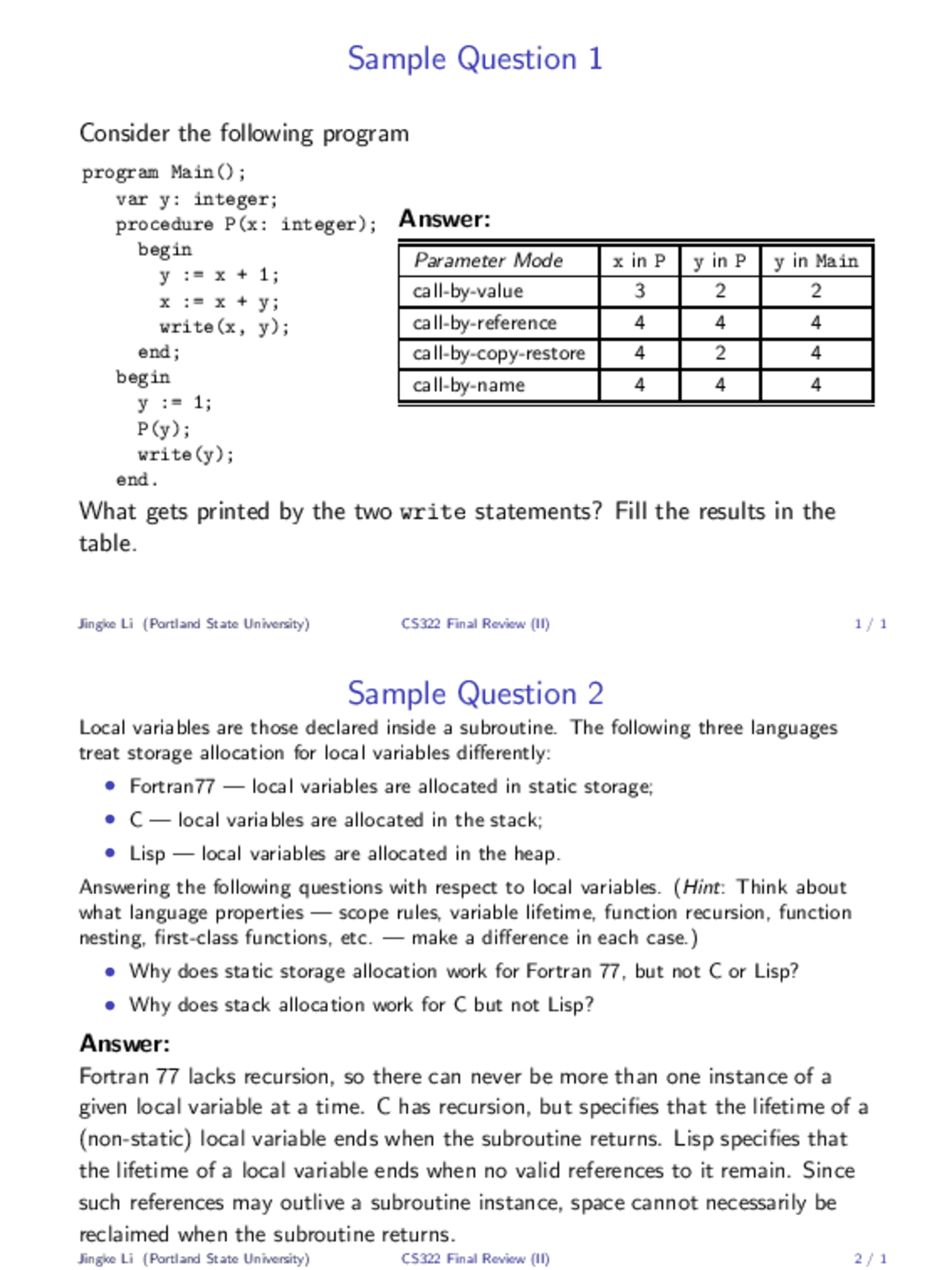 Languages and Compiler Design I - Sample Questions with Solutions | CS ...