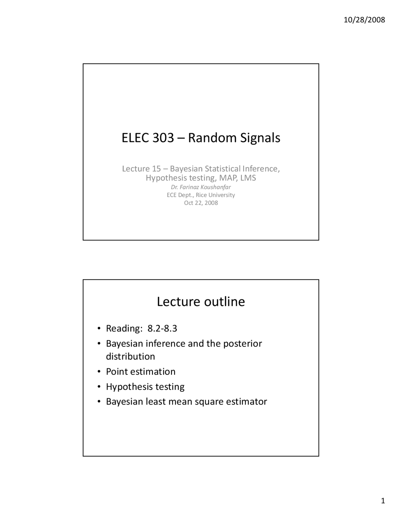 Bayesian Statistical Inference Hypothesis Testing MAP LMS ELEC 303 Bayesian statistical inference hypothesis testing map lms elec 303
