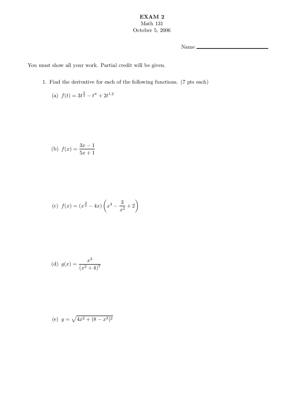 7 Questions on Calculus I - Exam 2 | MATH 131 - Docsity