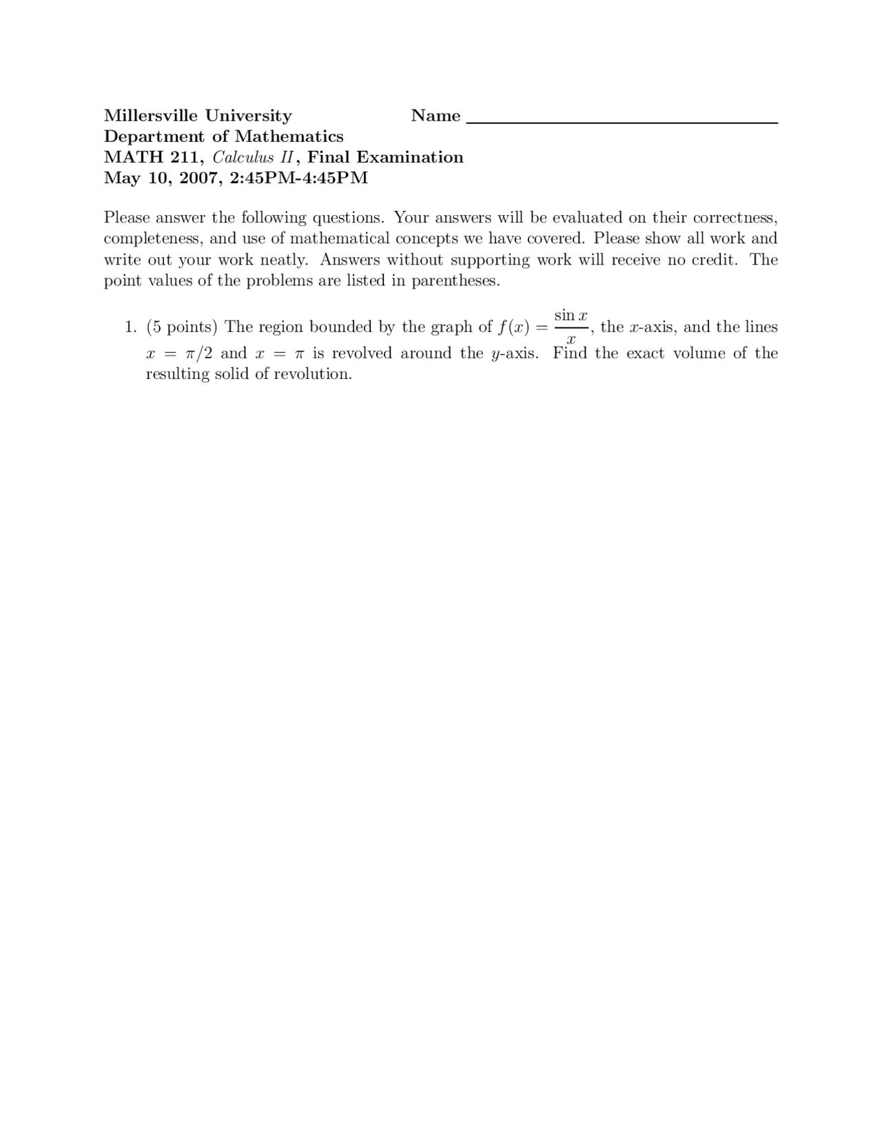 Final Exam with 9 Questions - Calculus 2 - 2007 | MATH 211 - Docsity