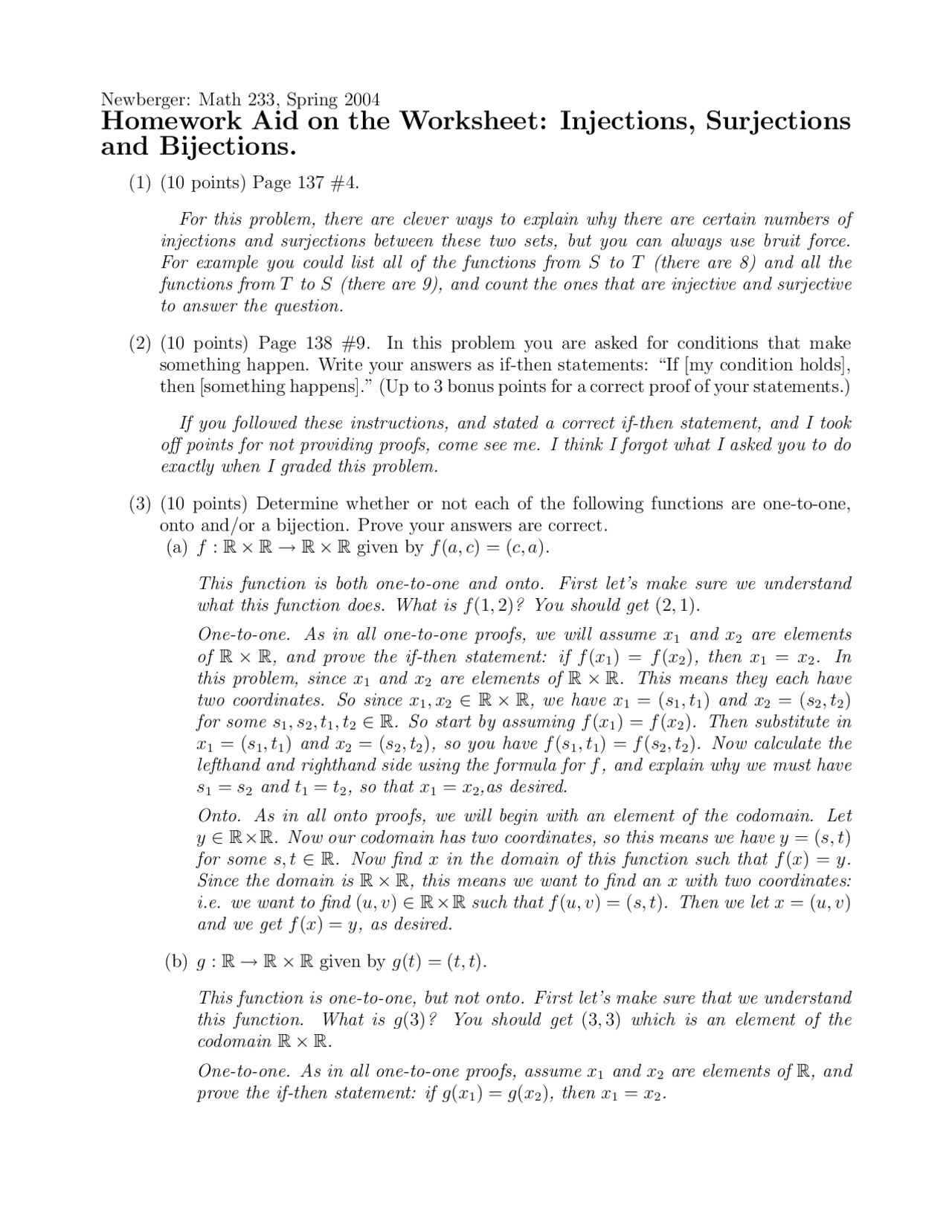 Homework Aid on the Worksheet: Injections, Surjections and Bijections ...