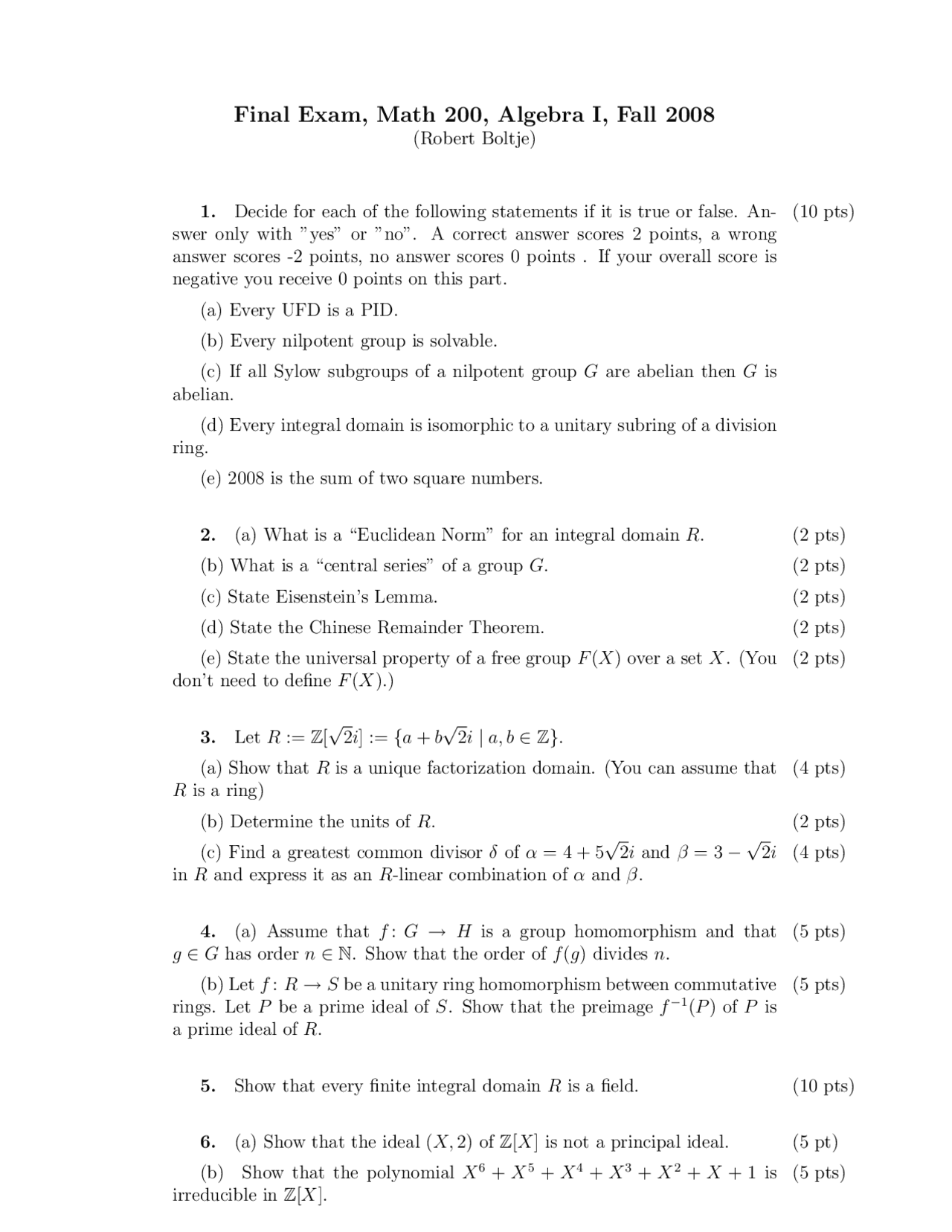 6 Problems in Final Examination on Abstract Algebra I | MATH 200 - Docsity
