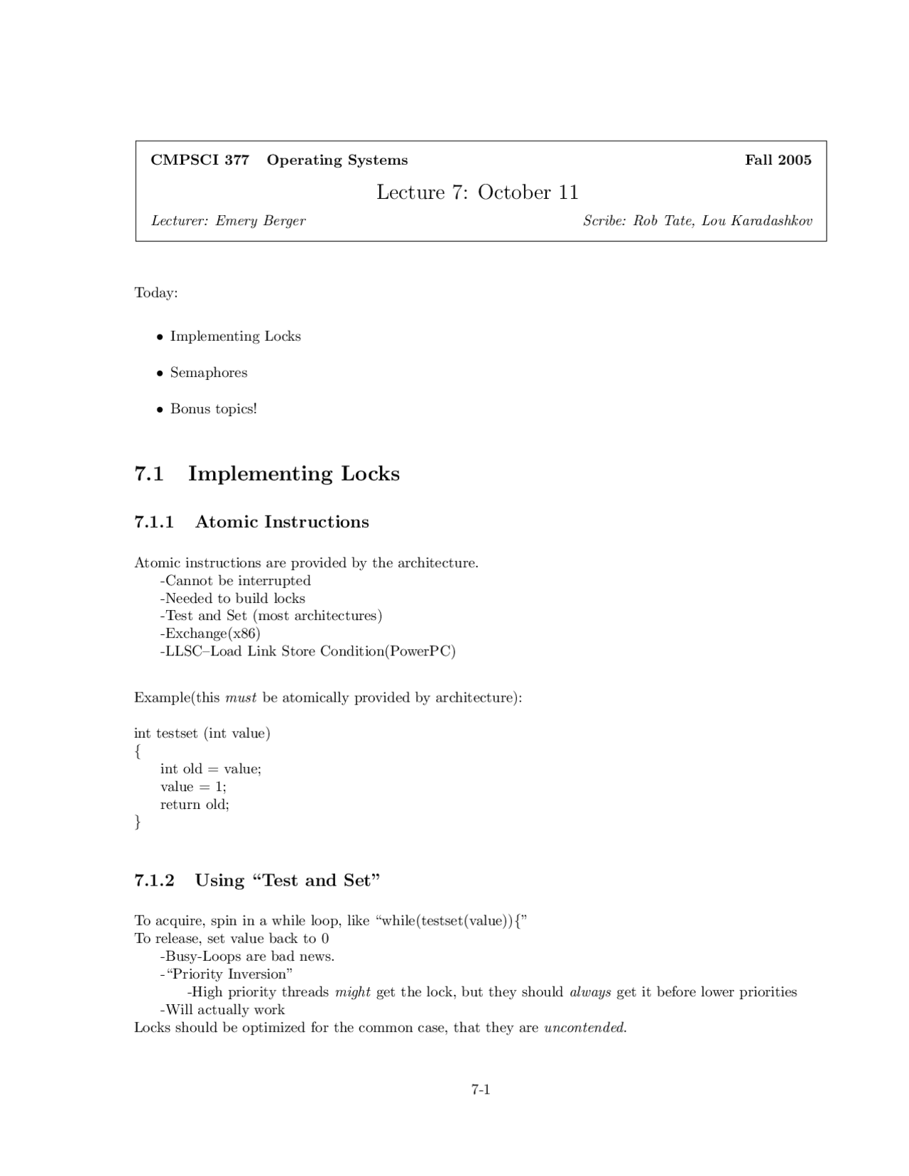 Implementing Locks - Operating Systems - Notes | CMPSCI 377 - Docsity