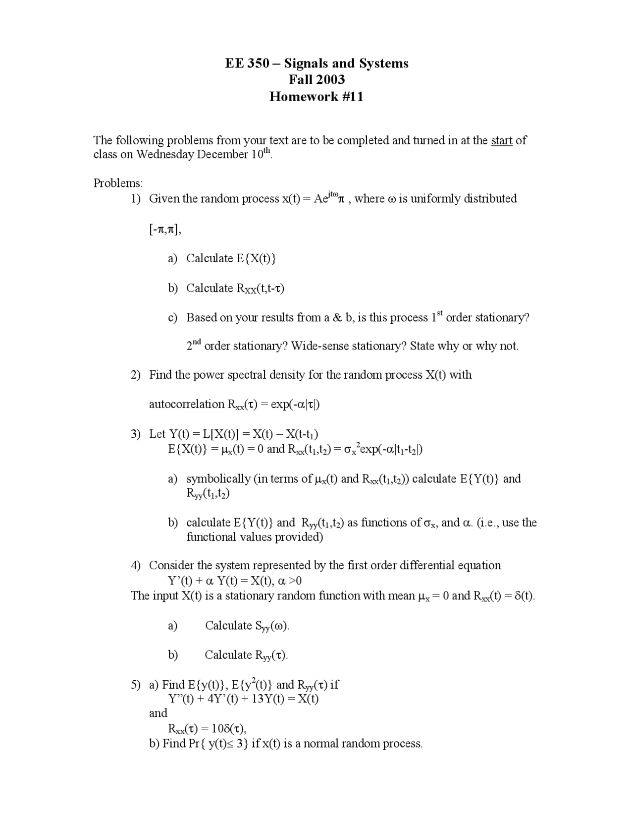 Signals And Systems Homework 11 Problems Fall 03 Ece 350 Docsity